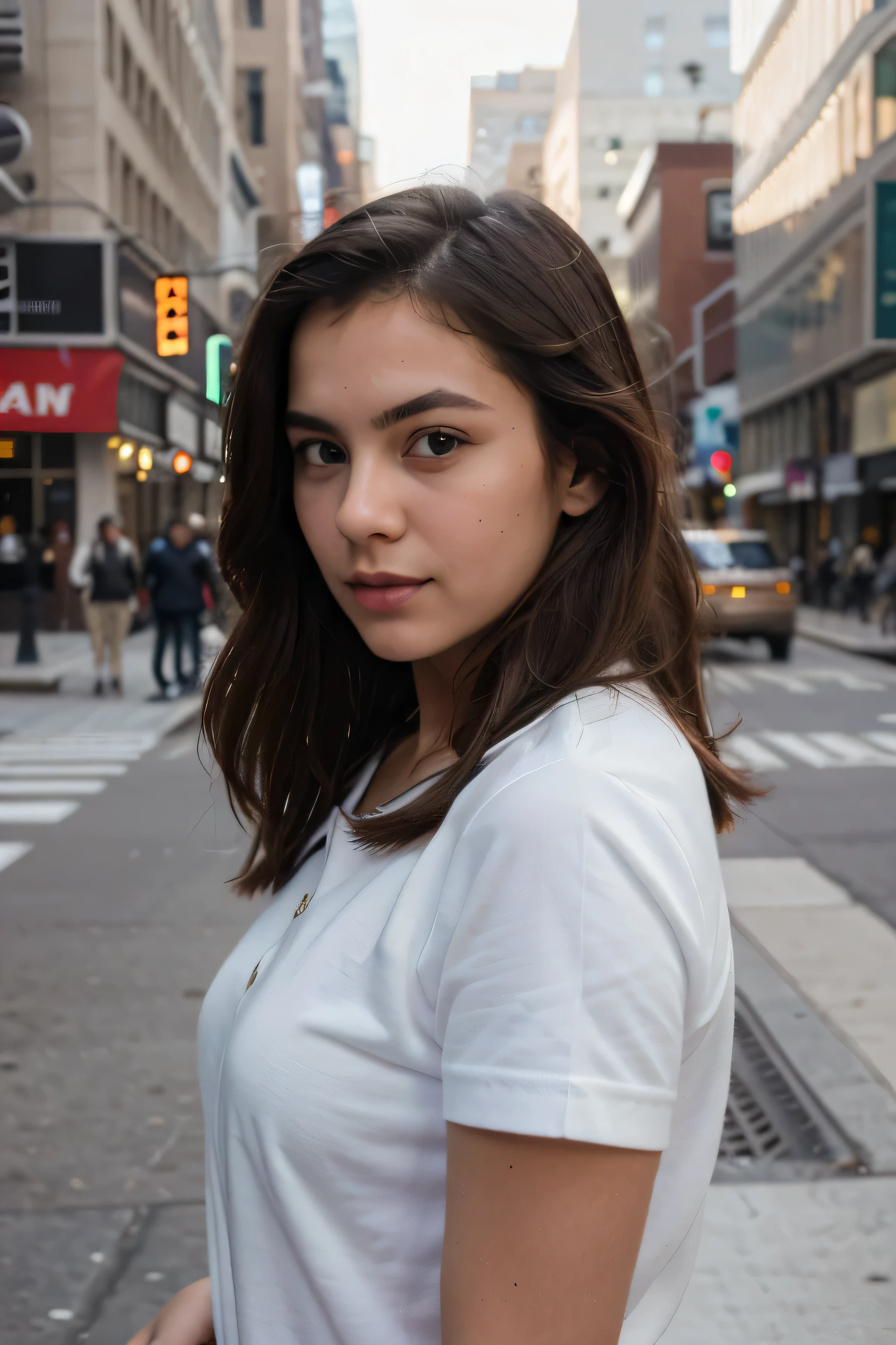 ((best quality)), ((masterpiece)), (detailed), perfect face mujer joven en calle de new york atardeser