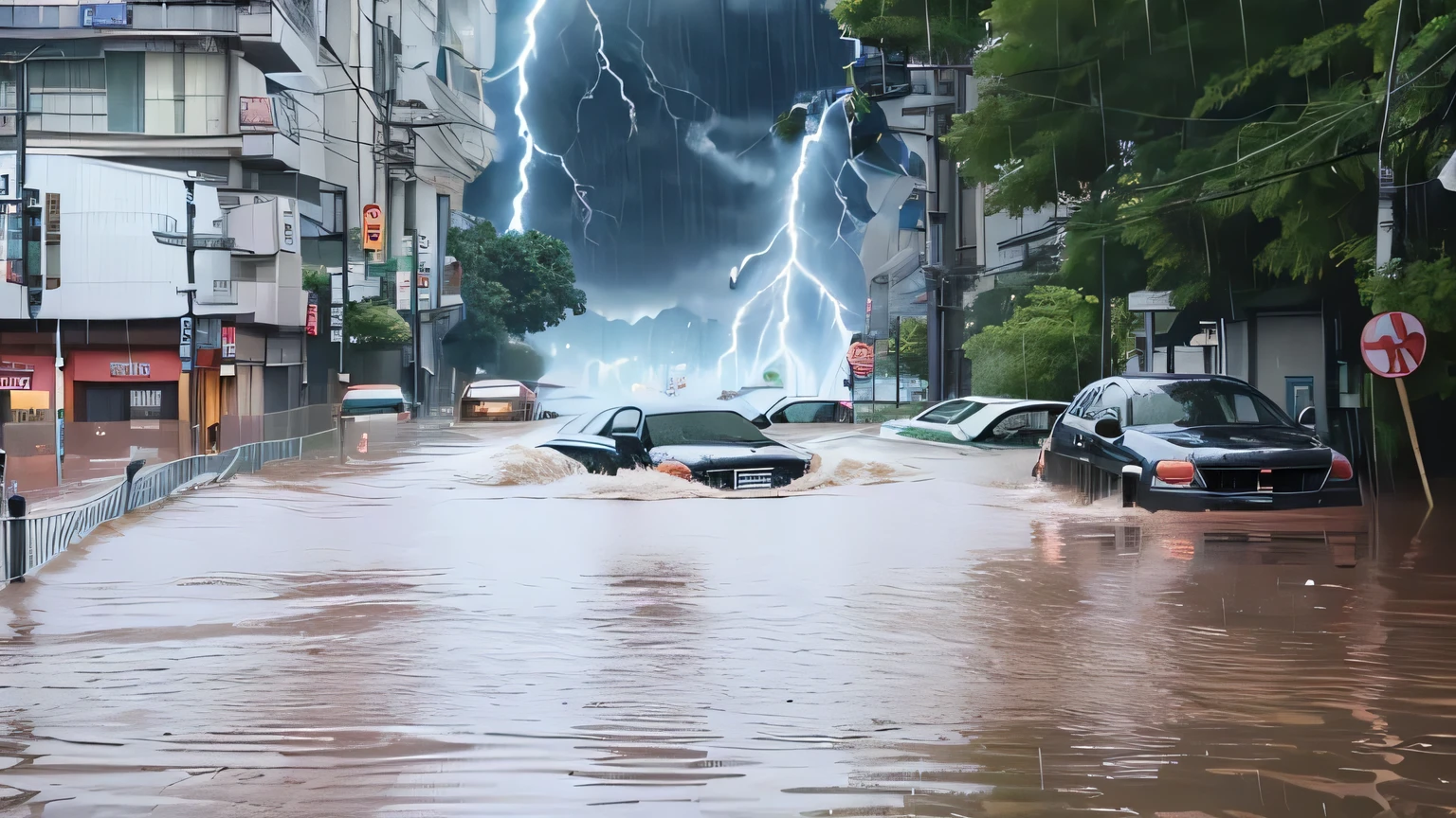 The sky is lightning and thunder, majestic rain, the sky is dark, city streets, city blackouts, no lights, abandoned cars everywhere, huge waves sweeping the streets of the city, huge waves 50 meters high, flooding tall buildings, drowning cars, --auto --s2
