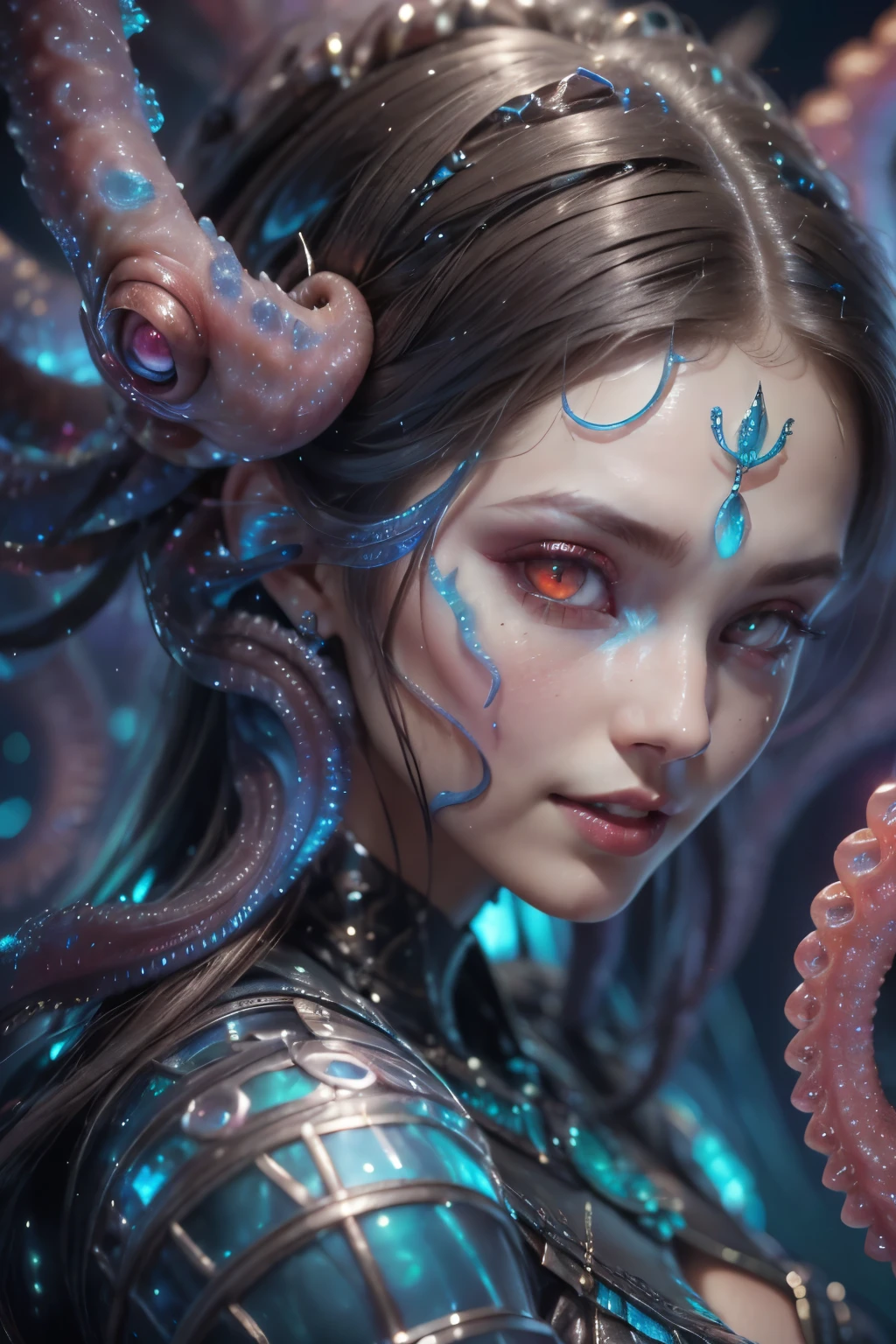 best quality, masterpiece, ultra high resolution, (photos realistic:1.7), scary and sexy detailed art in color, Portrait, (beautiful and obscene female alien:1.4), (vulgarity1.7), (she has red eyes with no pupils:1.8), (She has translucent pale skin:1.7), (There is a female genital-like organ in the middle of the forehead:1.95), (She has the most beautiful face in the history of the universe:1.2), (She has multiple bioluminescent organs on the side of her tentacles:1.4), (Her body is covered with an iridescent exoskeleton:1.3), (She is showingh her arm pits:1.4), an evil gaze that seduces, (large mouth:1.1), (sharp teeth like a vampire:1.2), Full body portrait, (bio luminescent:1.5), (Smile wickedly:1.3), (sexypose:1.5), alien, No humans, cells are fused, (There are lots of translucent tentacles from her head:1.3) extraterrestrial, cell, bio image, best quality, 8K,In 4K_quality, High freshness, Dramatic Lighting, cinematic quality, detail up, (exquisite details:1.2), High freshness, drawing faithfully, (Thick eyebrows:1.2), Beautiful eyes with fine symmetry,(Highly detailed face and eyes:1.2),(Super detailed skin quality feeling:1.4), perfect anatomy, (Beautiful toned body:1.5), (Moist skin:1.2), not wearing makeup, (dark circles:1.1), long canines, cinematic drawing of characters, cinematic quality, detail up, (exquisite details:1.2), high resolution, High freshness, drawing faithfully, official art, Unity 8K Wall paper, ultra detailed artistic photography, midnight aura, unreal engine 5, Ultra Sharp Focus, art by Amano Yoshitaka, ArtGerm, Roisch, intricate artwork,ultra realistic realism, dream-like, nautilus, Creation of fantasy, dream Snail, (biopunk nautilus:1.3),Thrilling color schemes, seductively smiling, Blue tentacles, Amazing mutation, well-proportioned body, goddess of the deep sea, fractal, Geometric pattern, impossible figures,(asymmetry:1.4), (white tentacles with blue stripes:1.4), subtle emerald green accents, (expression of ecstasy:1.6)