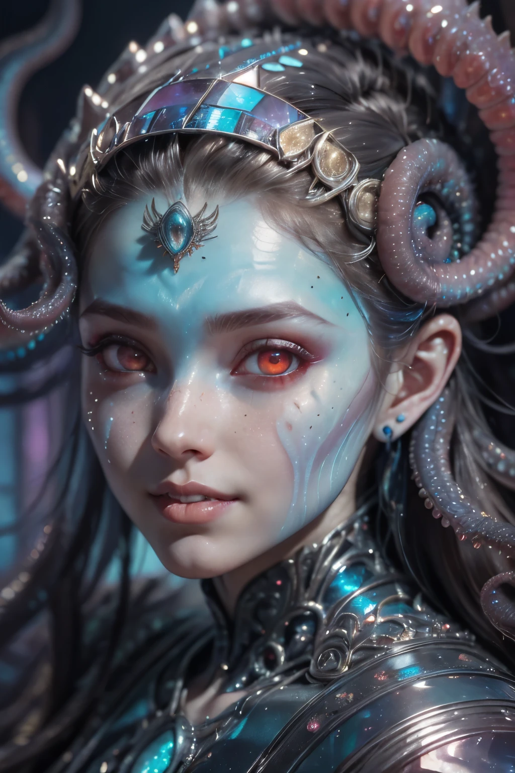 best quality, masterpiece, ultra high resolution, (photos realistic:1.7), scary and sexy detailed art in color, Portrait, (beautiful and obscene female alien:1.4), (vulgarity1.7), (she has red eyes with no pupils:1.8), (She has translucent pale skin:1.7), (There is a female genital-like organ in the middle of the forehead:1.95), (She has the most beautiful face in the history of the universe:1.2), (She has multiple bioluminescent organs on the side of her tentacles:1.4), (Her body is covered with an iridescent exoskeleton:1.3), (She is showingh her arm pits:1.4), an evil gaze that seduces, (large mouth:1.1), (sharp teeth like a vampire:1.2), Full body portrait, (bio luminescent:1.5), (Smile wickedly:1.3), (sexypose:1.5), alien, No humans, cells are fused, (There are lots of translucent tentacles from her head:1.3) extraterrestrial, cell, bio image, best quality, 8K,In 4K_quality, High freshness, Dramatic Lighting, cinematic quality, detail up, (exquisite details:1.2), High freshness, drawing faithfully, (Thick eyebrows:1.2), Beautiful eyes with fine symmetry,(Highly detailed face and eyes:1.2),(Super detailed skin quality feeling:1.4), perfect anatomy, (Beautiful toned body:1.5), (Moist skin:1.2), not wearing makeup, (dark circles:1.1), long canines, cinematic drawing of characters, cinematic quality, detail up, (exquisite details:1.2), high resolution, High freshness, drawing faithfully, official art, Unity 8K Wall paper, ultra detailed artistic photography, midnight aura, unreal engine 5, Ultra Sharp Focus, art by Amano Yoshitaka, ArtGerm, Roisch, intricate artwork,ultra realistic realism, dream-like, nautilus, Creation of fantasy, dream Snail, (biopunk nautilus:1.3),Thrilling color schemes, seductively smiling, Blue tentacles, Amazing mutation, well-proportioned body, goddess of the deep sea, fractal, Geometric pattern, impossible figures,(asymmetry:1.4), (white tentacles with blue stripes:1.4), subtle emerald green accents, (expression of ecstasy:1.6)