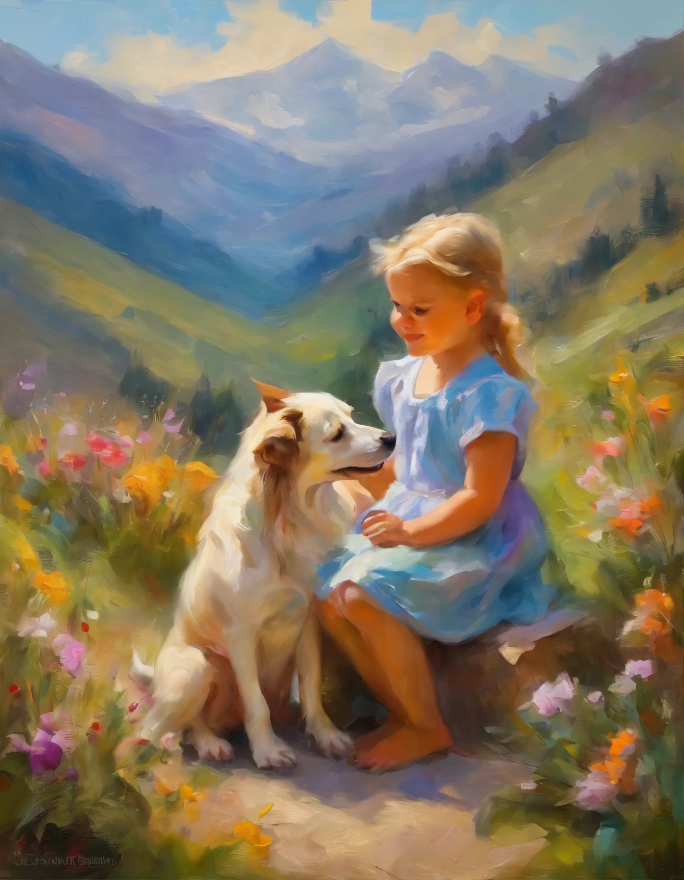 A beautiful cute sitting in a mountain vally, expressing love with smiling face, surrounding with flower plants & a pet dog, devine environment, summer season, masterpiece, ultradetail, 8k