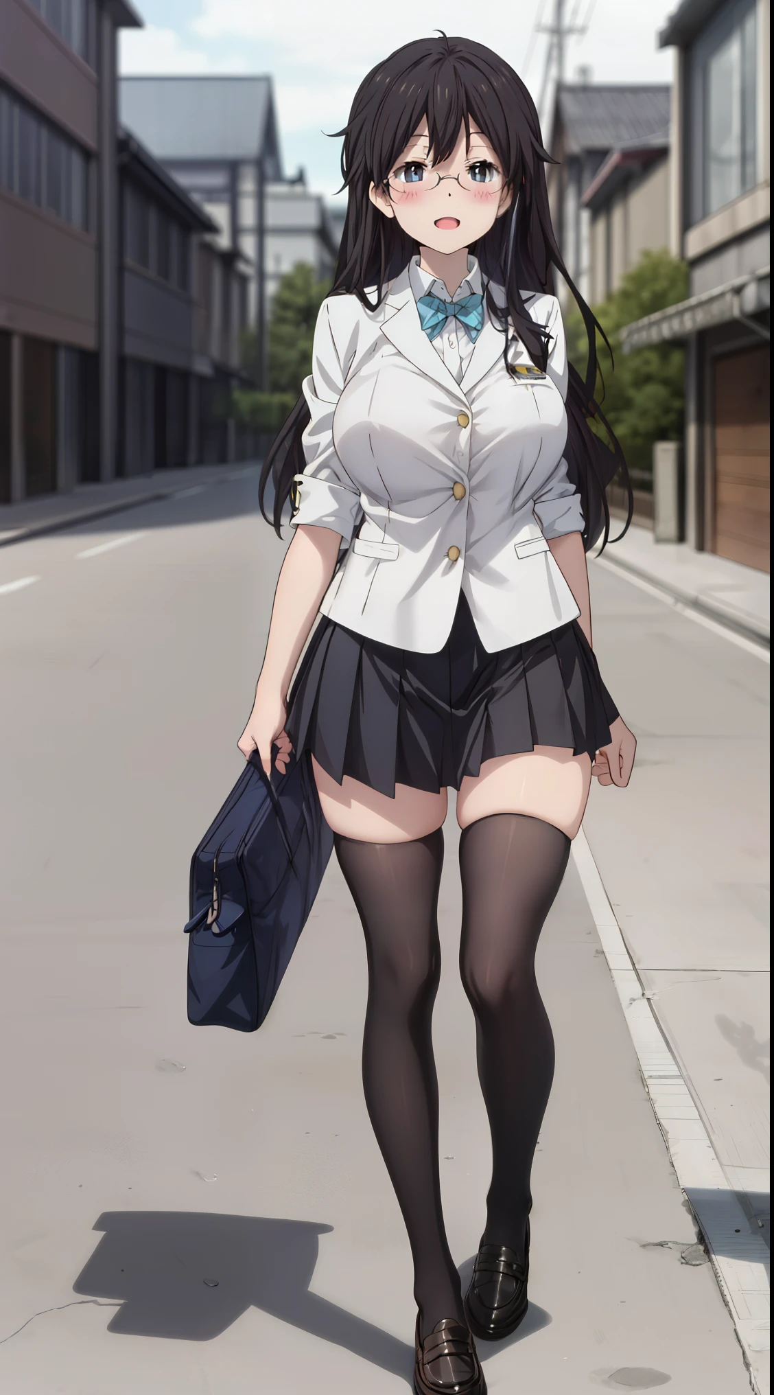 An enchanting visual unfolds, saito_kaede_encouragementofclimb, black_hair, glasses, blush, long_hair, hairclip, hair_ornament, blue_eyes, smile

full body, full figure, (Beautiful, Huge_Breasts), very short skirt, 

an anime/cartoon character wearing a girls  walking upright with straight posture and an open mouth, 1girl, solo, thigh-highs, ブレザー burezaa (Blazer), ahoge, long hair, white thighhighackground, hand on hip, full body, bow, , looking at viewer, bowtie, shoes, loafers, ribbon,

official art, extremely detailed CG unity 8k wallpaper, perfect lighting, Colorful,(best_quality:1.0), ultra high res,4K,ultra-detailed, 8K, HDR, high resolution film grain,(vibrant_color:1.2), 
