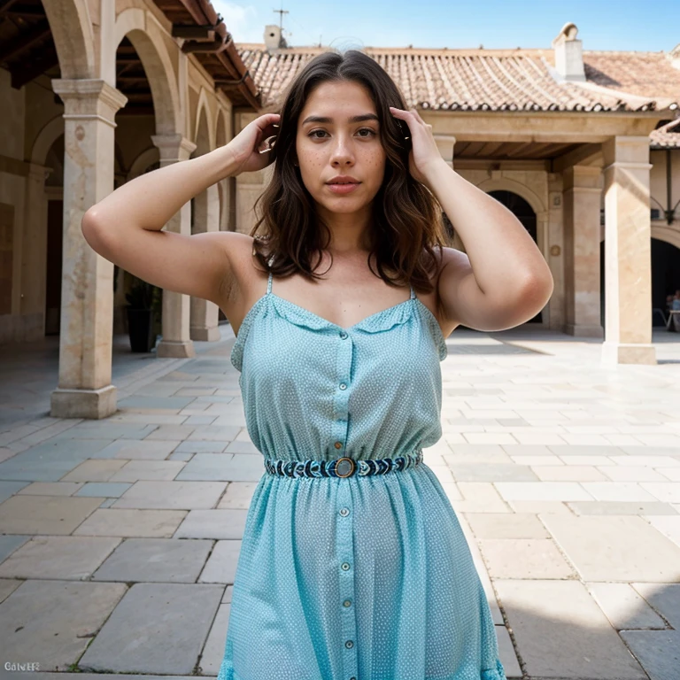 23-year-old hyper-realistic Latin girl with freckles, selfie de humor para instagram, Ultra Definition, (photoreallistic: 1.4), 8k, Calidad Premier, Fondos detallados, cara delicada, Maquillaje natural, foto RAW, iPhone, HDR, Coqueteando con el espectador, wearing a provocative dress with a luxurious building behind it