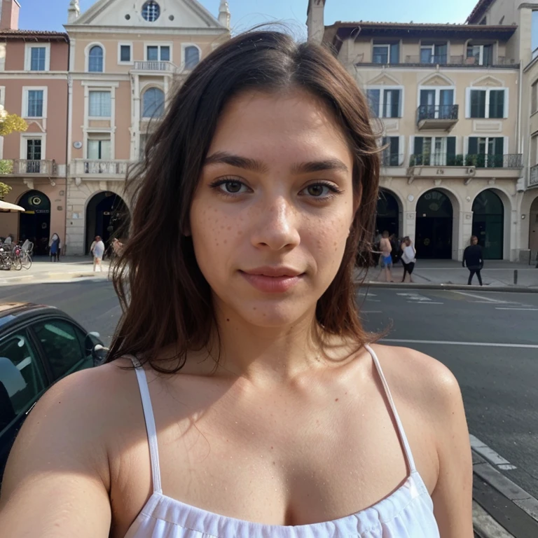 23-year-old hyper-realistic Latin girl with freckles, selfie de humor para instagram, Ultra Definition, (photoreallistic: 1.4), 8k, Calidad Premier, Fondos detallados, cara delicada, Maquillaje natural, foto RAW, iPhone, HDR, Coqueteando con el espectador, wearing a provocative dress with a luxurious building behind it
