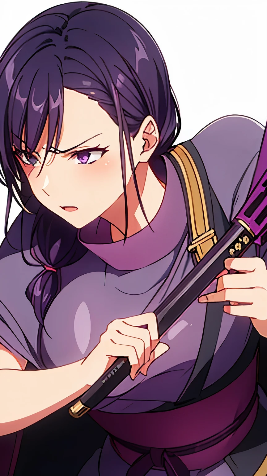 1 milf, purple slightly black hair tied up, wearing a armor, holding a katana, angry, space background