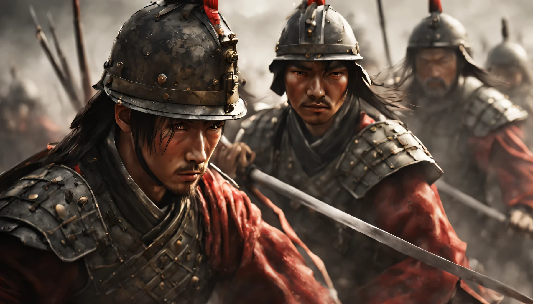 middleman, shield, sword, Combat-ready armor, Be disciplined, powerful warrior, shield和sword上的复杂设计, Determined soldiers, battlefield, Intense fight scenes, heroic act, battle reenactment, Well made weapons, High-tech soldiers, Synchronize motion, martial arts, China传争, Legendary Campaign, Strategic war tactics, honor and bravery, A resolute expression, Adrenaline rushing moments, Military precision, Battlefield camaraderie, China, symbol, ornamental armor, epic, wife, The cry of war, Passionate fighting spirit, unwavering dedication, Samurai culture, 令人惊叹的martial arts姿势, Dark red and gold color scheme, army, rich background. (best quality,4K,8k,high resolution,masterpiece:1.2), super detailed, (actual,lifelike,lifelike的:1.37), Extremely real eyes,Resolute face,Facial details,Picture part detailed engraving表情,Detailed depiction of facial features,Detailed portrayal of character,hair detail sculpting,Body detail portrayal,Detailed description of hands,Detailed portrayal of clothes,Picture part detailed engraving,perfect face,The ultimate arm,hair detail sculpting,max accurate, Precise and perfect human structure,facing the audience,skin pores,Human development report from a dynamic perspective, ultra high definition, studio lighting, Ultra-fine painting, sharp focus, Physically based rendering, extremely detailed description, professional, bright colors, Bokeh, sportswear, War landscape, China画技法, mood lighting, dynamic poses, Intricate battle scenarios, Vivid color contrast, Visually stunning composition, ethereal atmosphere, heroism. black and white