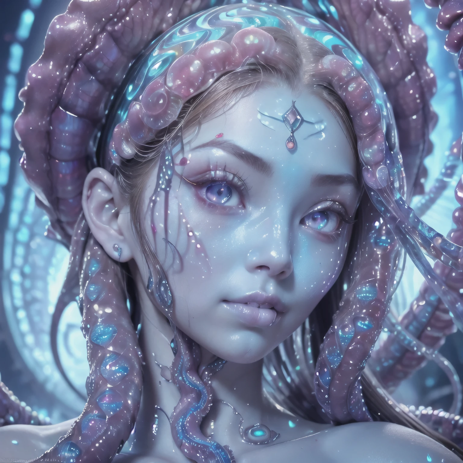 best quality, masterpiece, ultra high resolution, (photos realistic:1.7), scary and sexy detailed art in color, Portrait, (beautiful and obscene female alien:1.4), (vulgarity1.7), (she has red eyes with no pupils:1.8), (She has translucent pale skin:1.7), (There is a female genital-like organ in the middle of the forehead:1.95), (She has the most beautiful face in the history of the universe:1.2), (She has multiple bioluminescent organs on the side of her tentacles:1.4), (Her body is covered with an iridescent exoskeleton:1.3), (She is showingh her arm pits:1.4), an evil gaze that seduces, (large mouth:1.1), (sharp teeth like a vampire:1.2), Full body portrait, (bio luminescent:1.5), (Smile wickedly:1.3), (sexypose:1.5), alien, No humans, cells are fused, (There are lots of translucent tentacles from her head:1.3) extraterrestrial, cell, bio image, best quality, 8K,In 4K_quality, High freshness, Dramatic Lighting, cinematic quality, detail up, (exquisite details:1.2), High freshness, drawing faithfully, (Thick eyebrows:1.2), Beautiful eyes with fine symmetry,(Highly detailed face and eyes:1.2),(Super detailed skin quality feeling:1.4), perfect anatomy, (Beautiful toned body:1.5), (Moist skin:1.2), not wearing makeup, (dark circles:1.1), long canines, cinematic drawing of characters, cinematic quality, detail up, (exquisite details:1.2), high resolution, High freshness, drawing faithfully, official art, Unity 8K Wall paper, ultra detailed artistic photography, midnight aura, unreal engine 5, Ultra Sharp Focus, art by Amano Yoshitaka, ArtGerm, Roisch, intricate artwork,ultra realistic realism, dream-like, nautilus, Creation of fantasy, dream Snail, (biopunk nautilus:1.3),Thrilling color schemes, seductively smiling, Blue tentacles, Amazing mutation, well-proportioned body, goddess of the deep sea, fractal, Geometric pattern, impossible figures,(asymmetry:1.4), (white tentacles with blue stripes:1.4), subtle emerald green accents, (expression of ecstasy:1.6)