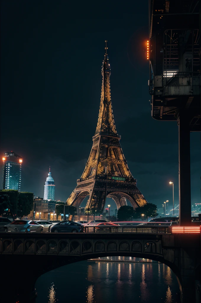 a close-up of a city with a large building and ((( the real Effeil tower in the background in the center))), inspired by Liam Wong, cyberpunk art style, lofi art, in the style of Laurie Greasley, neo tokyo background, inspired by Kilian Eng, by Kilian Eng, art deco outrun anime aesthestic, cyberpunk illustration, cyberpunk themed art, jen bartel, Art by Alena Aenami