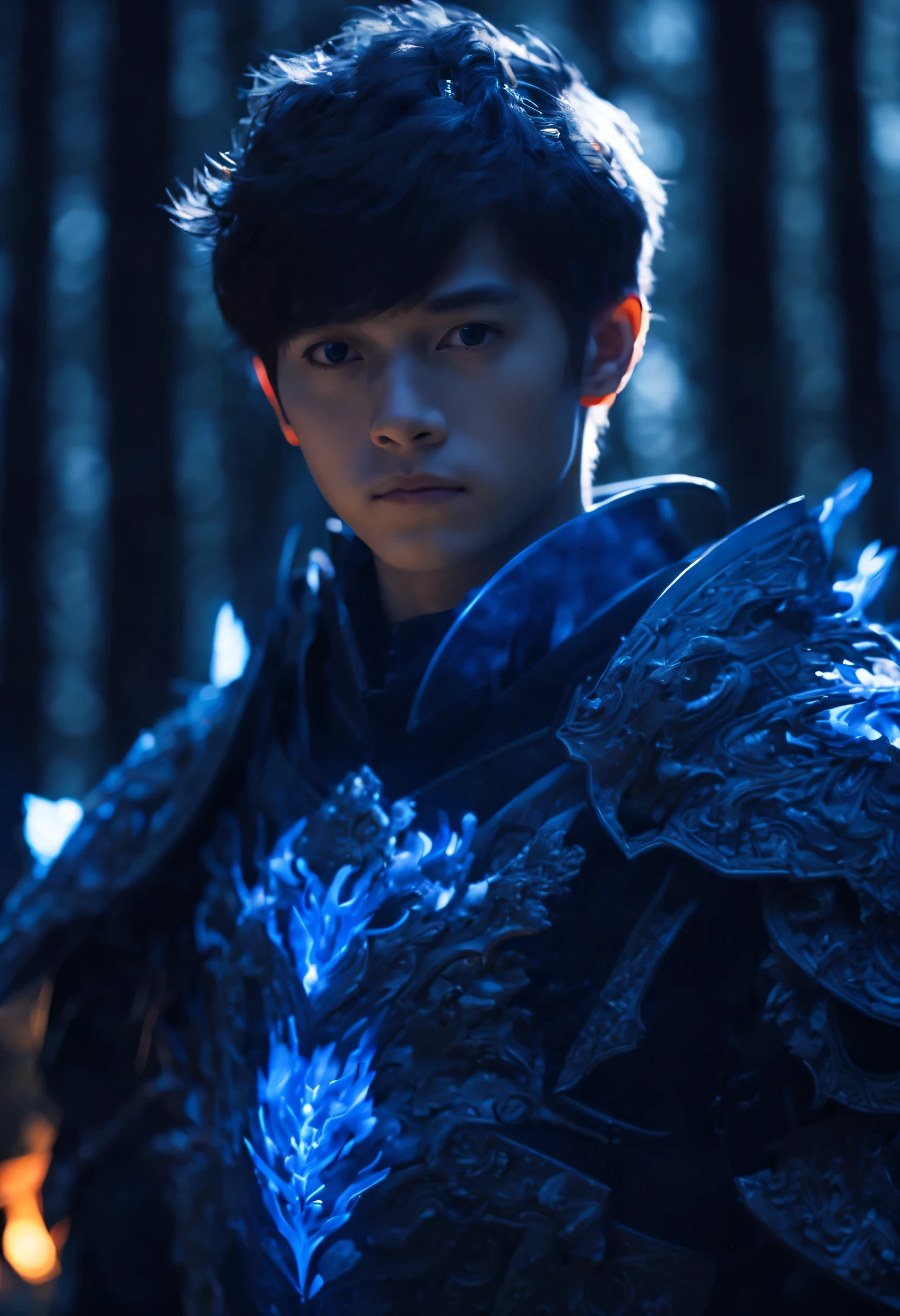 A young male teenager holds a blue fire, Wearing Chinese-style black light armor, in dark forest, Cinema lighting, depth of field, glowing light, Ray tracing, reflected light, close up, masterpiece, masterpiece, high quality, best quality, high detail, precise, anatomically correct, textured skin, ultra high definition, high resolution, 1080P