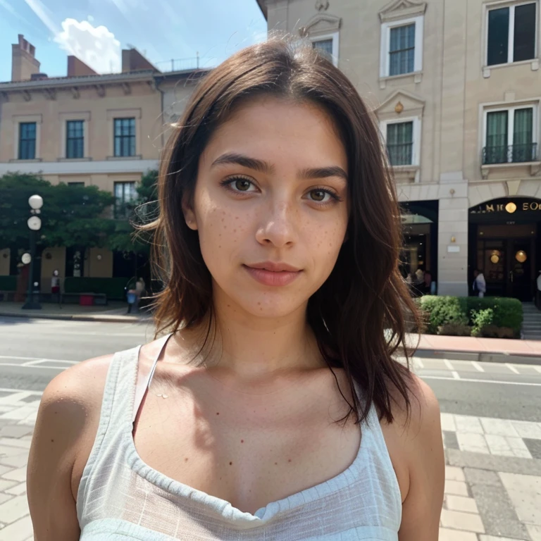 23-year-old hyper-realistic Latin girl with freckles, selfie de humor para instagram, Ultra Definition, (photoreallistic: 1.4), 8k, Calidad Premier, Fondos detallados, cara delicada, Maquillaje natural, foto RAW, iPhone, HDR, Coqueteando con el espectador, wearing a provocative dress with a luxurious building behind it