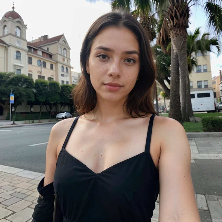 23-year-old hyper-realistic Latin girl with freckles, selfie de humor para instagram, Ultra Definition, (photoreallistic: 1.4), 8k, Calidad Premier, Fondos detallados, cara delicada, Maquillaje natural, foto RAW, iPhone, HDR, Coqueteando con el espectador, wearing a provocative dress with a luxurious building behind it