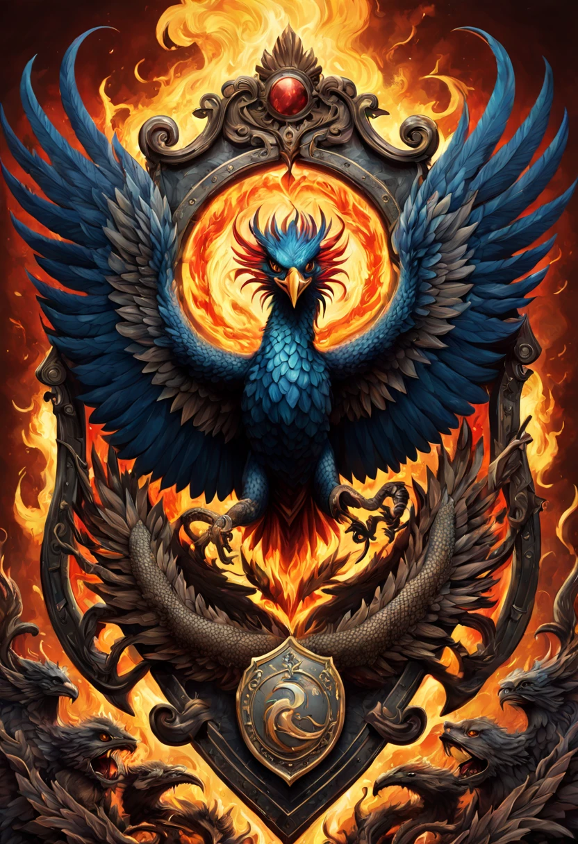 (high quality:1.2),intricate battle shield with coat of arms,phoenix bird,phoenix bird in full flight,highly detailed fanged snake theme,fire in the background,beautiful art,hyperdetailed illustration,maximalist design,artstudio quality,eye-catching colors,vibrant palette,dynamic composition,explosive energy,striking contrast,sharp and detailed lines,attention-grabbing visuals,trending on Artstation