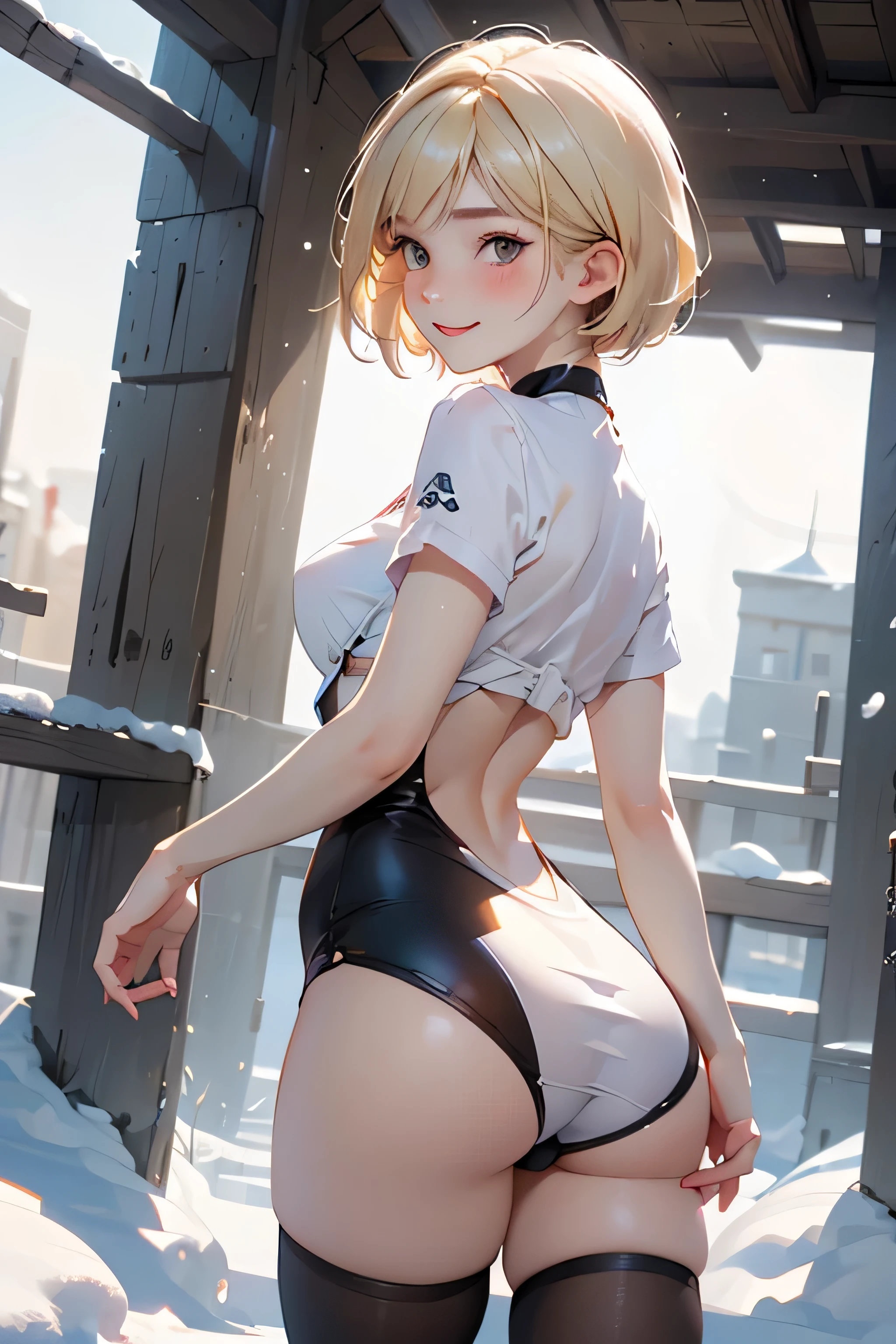 (photorealistic:1.3, highest quality:1.3,8Kmasterpiece, masterpiece:1.3,High resolution,muste piece:1.2),23 year old woman,solo,bondage fashion,(NIKKE), (shiny bodysuit,choker, tights,Knee-high boots)、(Point your butt at the camera:1.3)、(Look away:1.1)、(short hair:1.2、bright blonde:1.5), (blushing:1.3,smile:1.3)、(look back:1.3), (Bold pose with legs spread, dynamic pose:1.2), background(snow scene:1.3, ruins:1.3),(Nipple protrusions visible through clothing),(Butt visible through clothes),(slender),(young skinny gravure idol, sophisticated gravure idol),(detailed perfect face), normal hands:1.5, normal fingers:1:5, normal feet:1.5,(cameltoe, camel's feet)