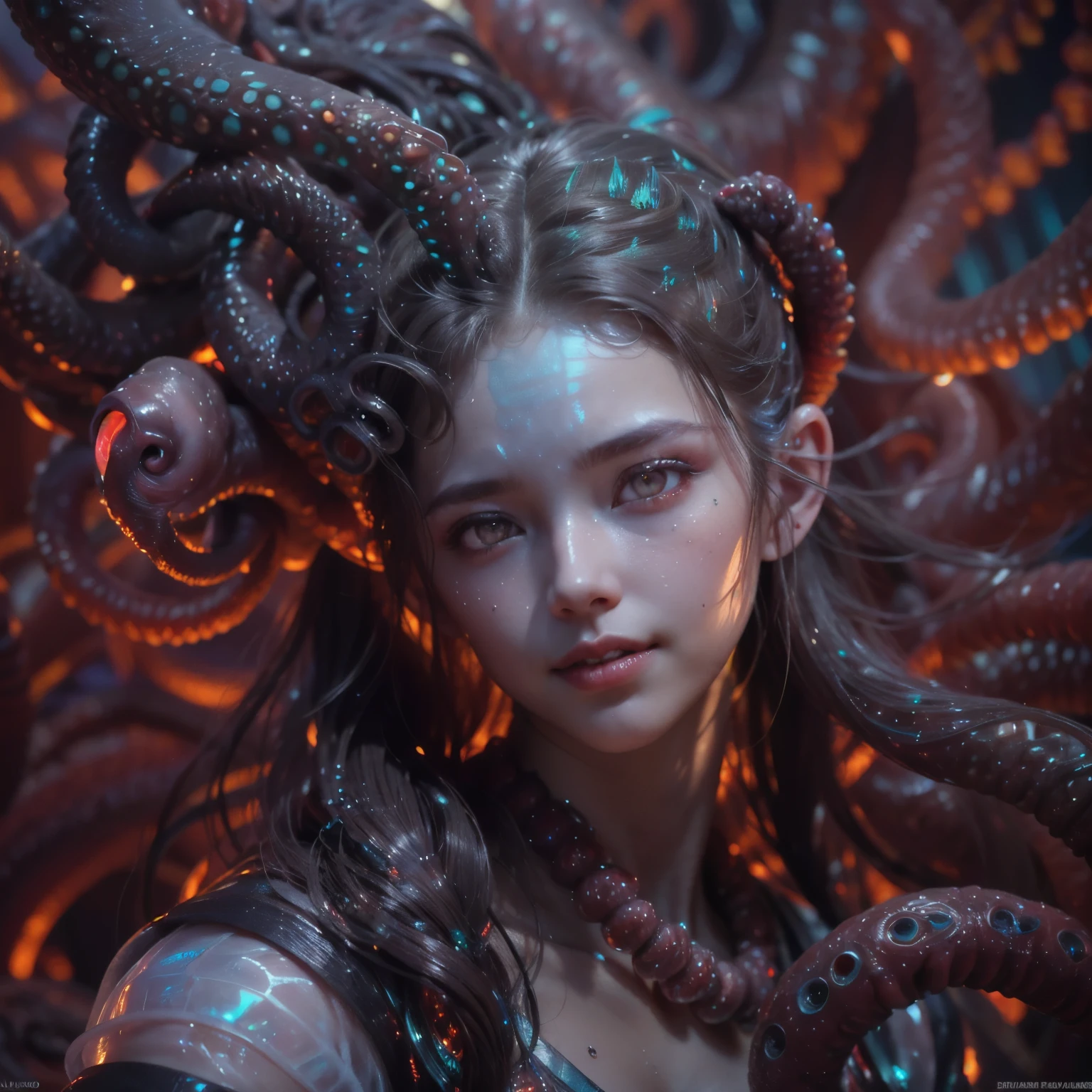 best quality, masterpiece, ultra high resolution, (photos realistic:1.7), scary and sexy detailed art in color, Portrait, (beautiful and obscene female alien:1.4), (vulgarity1.7), (she has red eyes with no pupils:1.8), (She has translucent pale skin:1.7), (There is a female genital-like organ in the middle of the forehead:1.95), (She has the most beautiful face in the history of the universe:1.2), (She has multiple bioluminescent organs on the side of her tentacles:1.4), (Her body is covered with an iridescent exoskeleton:1.3), (She is showingh her arm pits:1.4), an evil gaze that seduces, (large mouth:1.1), (sharp teeth like a vampire:1.2), Full body portrait, (bio luminescent:1.5), (Smile wickedly:1.3), (sexypose:1.5), alien, No humans, cells are fused, (There are lots of translucent tentacles from her head:1.3) extraterrestrial, cell, bio image, best quality, 8K,In 4K_quality, High freshness, Dramatic Lighting, cinematic quality, detail up, (exquisite details:1.2), High freshness, drawing faithfully, (Thick eyebrows:1.2), Beautiful eyes with fine symmetry,(Highly detailed face and eyes:1.2),(Super detailed skin quality feeling:1.4), perfect anatomy, (Beautiful toned body:1.5), (Moist skin:1.2), not wearing makeup, (dark circles:1.1), long canines, cinematic drawing of characters, cinematic quality, detail up, (exquisite details:1.2), high resolution, High freshness, drawing faithfully, official art, Unity 8K Wall paper, ultra detailed artistic photography, midnight aura, unreal engine 5, Ultra Sharp Focus, art by Amano Yoshitaka, ArtGerm, Roisch, intricate artwork,ultra realistic realism, dream-like, nautilus, Creation of fantasy, dream Snail, (biopunk nautilus:1.3),Thrilling color schemes, seductively smiling, Blue tentacles, Amazing mutation, well-proportioned body, goddess of the deep sea, fractal, Geometric pattern, impossible figures,(asymmetry:1.4), (white tentacles with blue stripes:1.4), subtle emerald green accents, (expression of ecstasy:1.6)