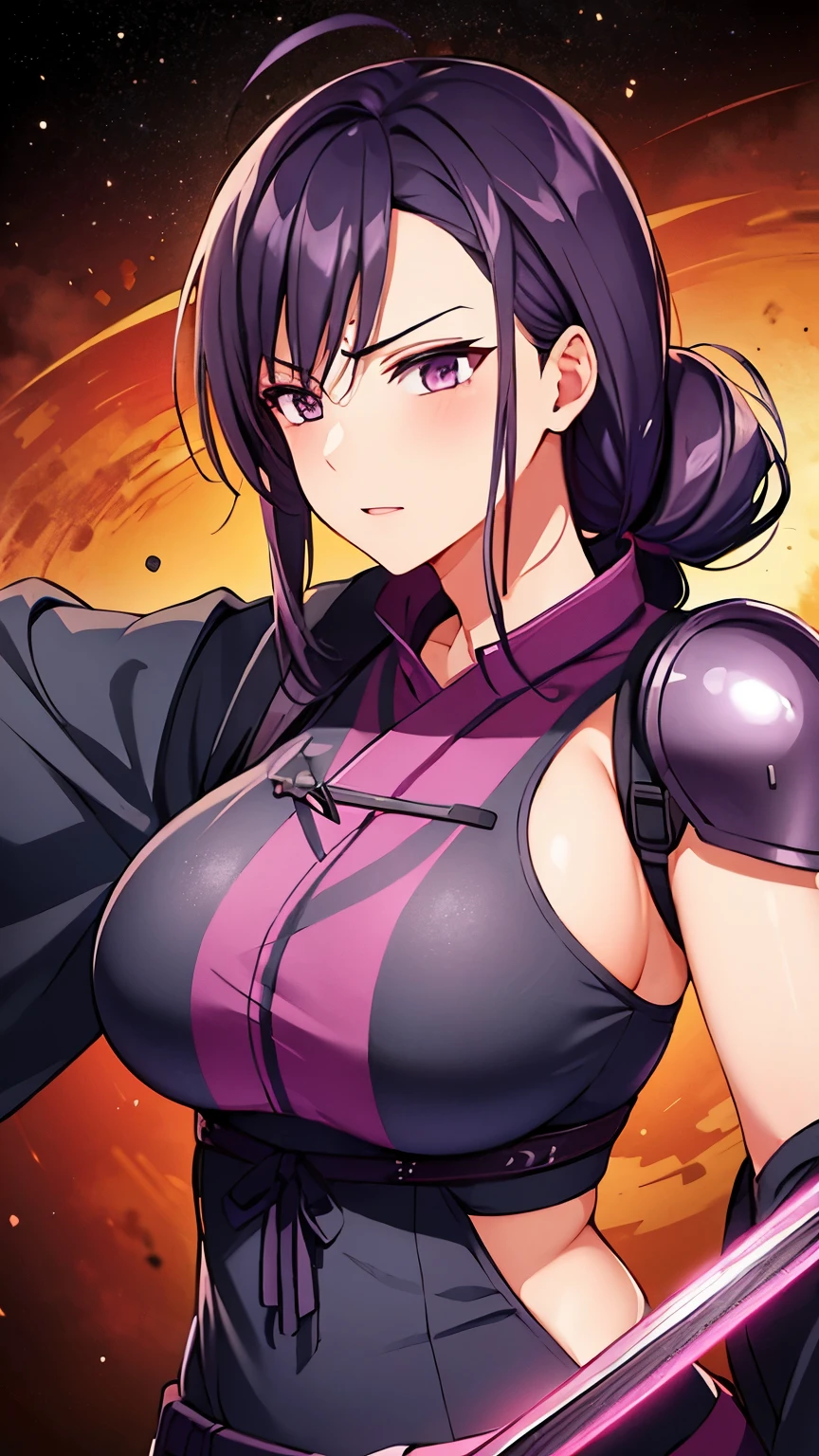 1 milf, purple slightly black hair tied up, wearing a armor, holding a katana in front body, angry, space background 