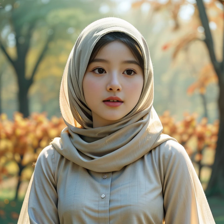 (RAW photo, best quality), (realistic, photo-realistic:1.3), 1 girl, solo girl, extremely delicate and beautiful, Amazing, finely detail, masterpiece, ultra-detailed, highres,(best illustration), (best shadow),intricate,depth of filed, On a summer afternoon, a lovely female muslim dress with tunic, pashmina hijabs, hijab, In the golden hues of autumn, creating a soothing sound, shine eyes, immersing herself in harmony with nature,(blurry background:1.4), sharp focus, volumetric fog, 8k UHD, DSLR, high quality, (film grain:1.4), Fujifilm XT3,