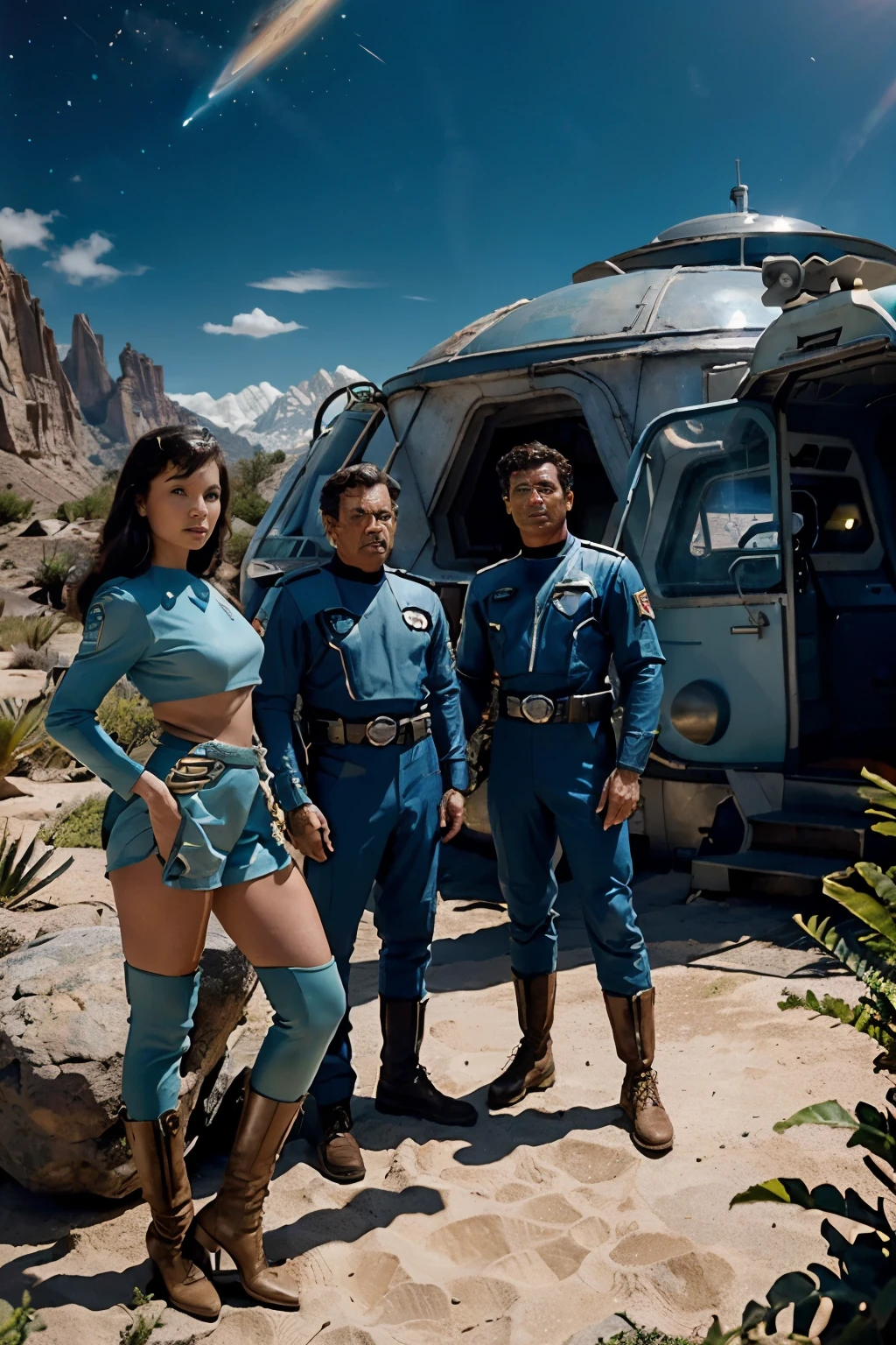 Crew of an old 1960s TV series starship on a rustic scenic planet of lost in space type scenic plants and rocks, republic serial, Irwin Allen TV Show, Sci-FI, Star Trek and Lost in Space style colorful camp uniforms, retro look, vintage, old stile, noir, classic, Old fashion, rostos perfeitos tipo atores dos anos de 1960, ((rostos perfeitos)), very colorful large scenery, cogumelos gigantes, alien plants, ((rostos perfeitos)), include an alien in the crew, rostos melhorados