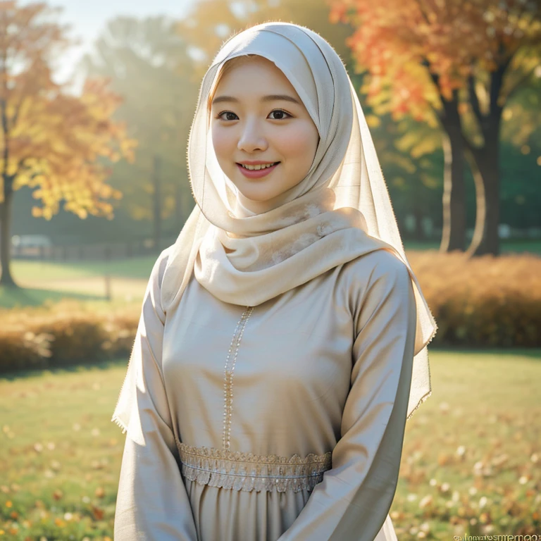 (RAW photo, best quality), (realistic, photo-realistic:1.3), 1 girl, solo girl, full body photo, extremely delicate and beautiful, Amazing, finely detail, masterpiece, ultra-detailed, highres,(best illustration), (best shadow),intricate,depth of filed, On a summer afternoon, a lovely red female muslim dress with tunic,white pashmina hijabs, hijab, In the golden hues of autumn, creating a soothing sound, shine eyes, immersing smile in harmony with nature, No hair seen,(blurry background:1.4), sharp focus, volumetric fog, 8k UHD, high quality, (film grain:1.4), apertur f/1.4,