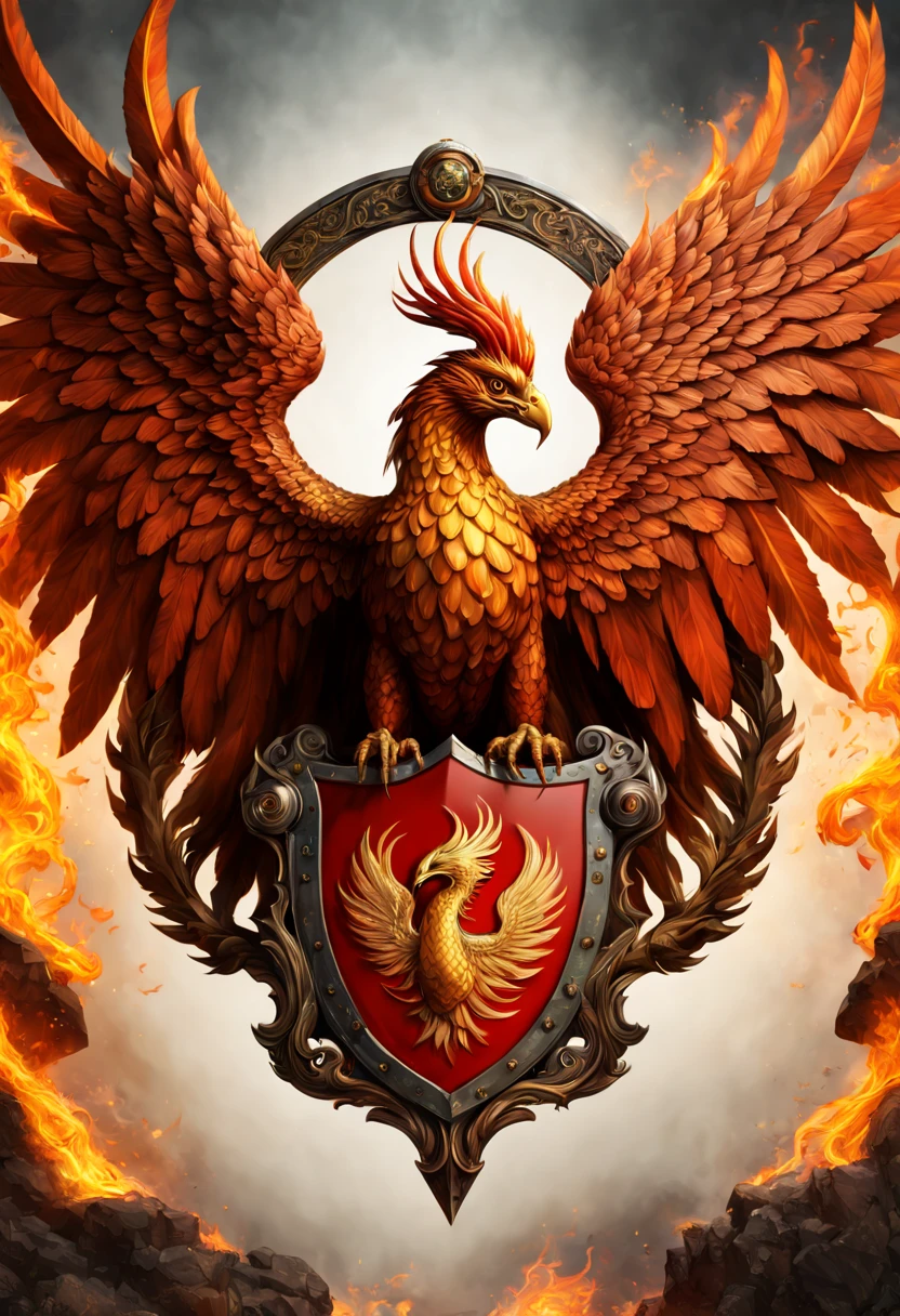 (a battle shield with coat of arms using a phoenix bird,fanged snake theme),(intricate,detailed,beautiful),(fire in the background),(maximalist,hyperdetailed),(trending on Artstation),(vibrant colors,dynamic lighting),(digital illustration),(realistic metal texture),(fantasy art),(eye-catching composition),(stunning details),(bold and striking design),(impressive craftsmanship),(strong contrast),(sharp edges),(exquisite artistry),(epic battle symbolism),(powerful and majestic),(cautionary symbolism),(intriguing narrative),(captivating story-telling),(surreal atmosphere),(emotive portrayal),(flawless execution),(masterpiece:1.2),(ultra-detailed),(photo-realistic:1.37),(HDR,UHD),(studio lighting),(vivid colors),(sharp focus)