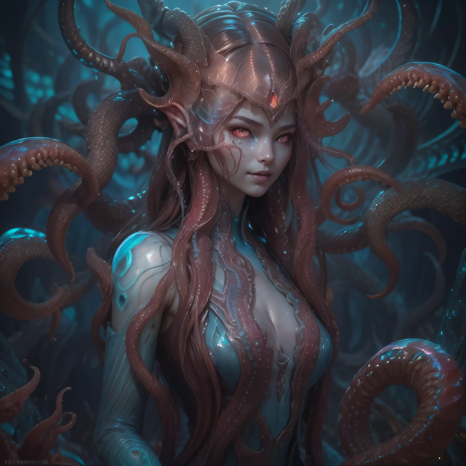 best quality, masterpiece, ultra high resolution, (photos realistic:1.7), scary and sexy detailed art in color, Portrait, (beautiful and obscene female alien:1.4), (vulgarity1.7), (she has red eyes with no pupils:1.8), (She has translucent pale skin:1.7), (There is a female genital-like organ in the middle of the forehead:1.95), (She has the most beautiful face in the history of the universe:1.2), (She has multiple bioluminescent organs on the side of her tentacles:1.4), (Her body is covered with an iridescent exoskeleton:1.3), (She is showingh her arm pits:1.4), an evil gaze that seduces, (large mouth:1.1), (sharp teeth like a vampire:1.2), Full body portrait, (bio luminescent:1.5), (Smile wickedly:1.3), (sexypose:1.5), alien, No humans, cells are fused, (There are lots of translucent tentacles from her head:1.3) extraterrestrial, cell, bio image, best quality, 8K,In 4K_quality, High freshness, Dramatic Lighting, cinematic quality, detail up, (exquisite details:1.2), High freshness, drawing faithfully, (Thick eyebrows:1.2), Beautiful eyes with fine symmetry,(Highly detailed face and eyes:1.2),(Super detailed skin quality feeling:1.4), perfect anatomy, (Beautiful toned body:1.5), (Moist skin:1.2), not wearing makeup, (dark circles:1.1), long canines, cinematic drawing of characters, cinematic quality, detail up, (exquisite details:1.2), high resolution, High freshness, drawing faithfully, official art, Unity 8K Wall paper, ultra detailed artistic photography, midnight aura, unreal engine 5, Ultra Sharp Focus, art by Amano Yoshitaka, ArtGerm, Roisch, intricate artwork,ultra realistic realism, dream-like, nautilus, Creation of fantasy, dream Snail, (biopunk nautilus:1.3),Thrilling color schemes, seductively smiling, Blue tentacles, Amazing mutation, well-proportioned body, goddess of the deep sea, fractal, Geometric pattern, impossible figures,(asymmetry:1.4), (white tentacles with blue stripes:1.4), subtle emerald green accents, (expression of ecstasy:1.6)