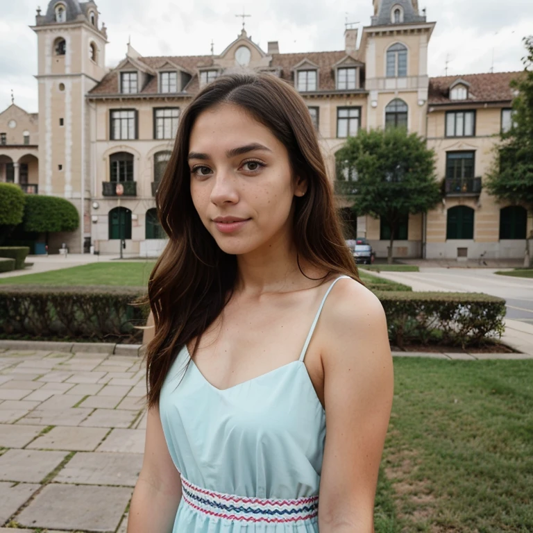 23-year-old hyper-realistic Latin girl with freckles, selfie de humor para instagram, Ultra Definition, (photoreallistic: 1.4), 8k, Calidad Premier, Fondos detallados, cara delicada, Maquillaje natural, foto RAW, iPhone, HDR, Coqueteando con el espectador, wearing a sexy dress with a luxurious building behind it