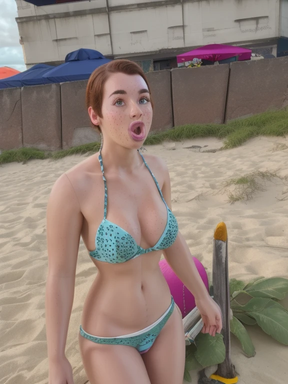 arafed woman on the beach taking a selfie, full pov, ((freckled)), ((big freckles)), cute freckles, light cute freckles, a sex doll laying on top of a bed, inflateble shapes, dd, hyper realise, magenta, is essentially arbitrary, auroracore, 90 60 90