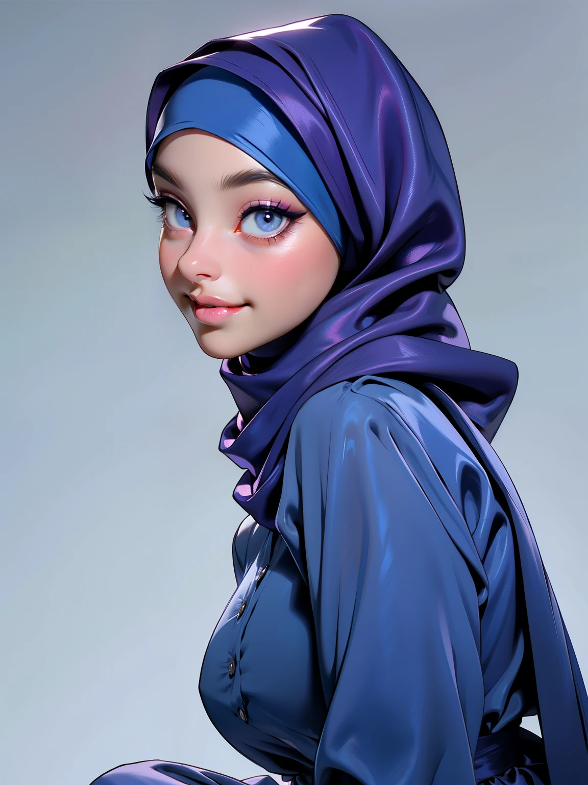 3dmm style, Masterpiece, realistic, best quality, best lighting, beautiful mature Czech woman, 1 girl photo solo, beautifully makeup, eyeshadow, Parted Lips, Detailed Eyes, beautiful big eyes, long eye lashes, dimples on the cheeks, smile, wearing ((Dark blue satin hijab)), loosely tide hijab style, ((gray satin shirt and satin long skirt)), ((front view)), (close up portrait), front view, standing straight, facing the viewer.