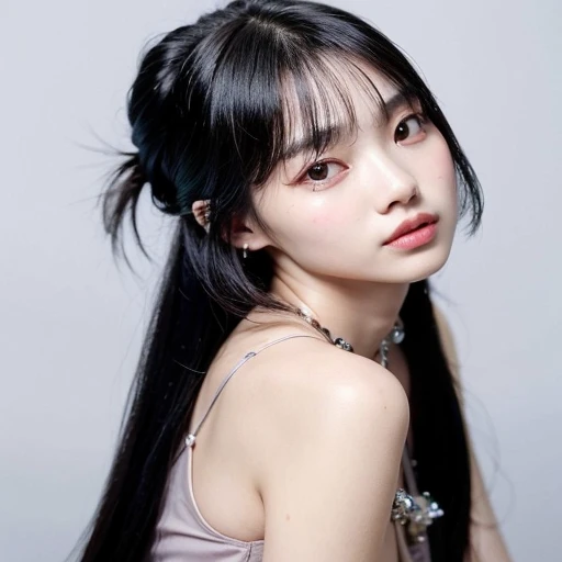 um close up de uma mulher com longos cabelos pretos usando um top cinza, Lalisa Manobal, jaeyeon nam, ela tem cabelo preto com franja, Kim Doyoung, Lee Ji-eun, Lee Ji-eun, Jinyoung Shin, estacionar a partir de-min, Hwang se-é, Heonhwa Choe