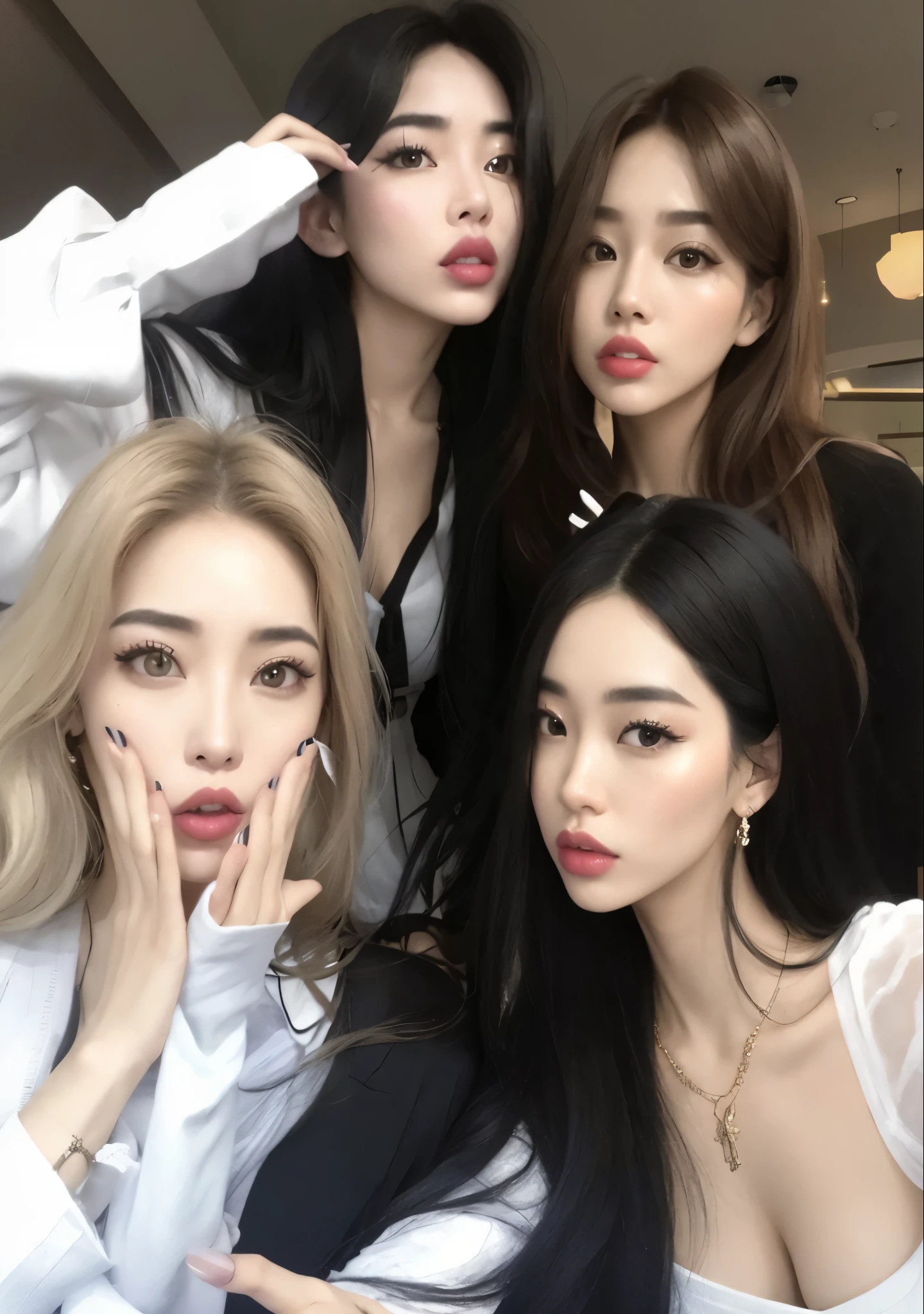 A group of young women posing for a photo in a restaurant., ulzzang, rosa negro, maquillaje popular de corea del sur, Aesthetics of beautiful faces, maquillaje coreano popular, con negro, chicas hermosas, ☁🌪🌙👩🏾, # jefe, #jefe, 🔞🤡, autofoto de instagram, 8k)), foto de perfil, strange eye, luts, imagen filtrada