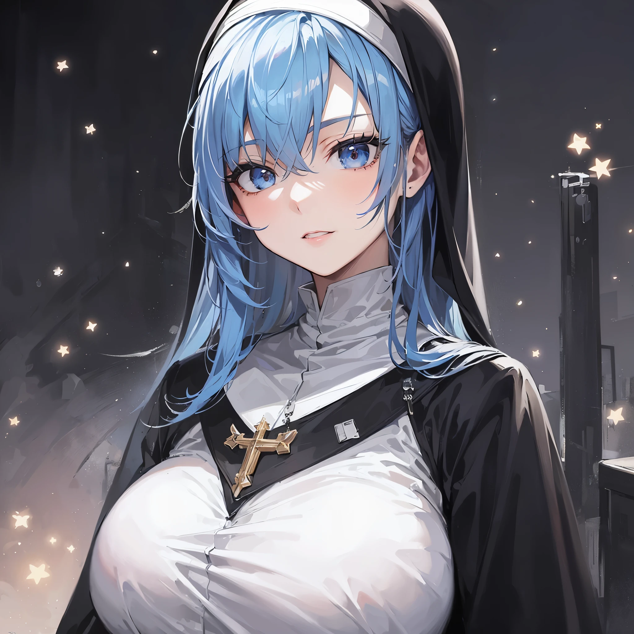 masterpiece, high definition, PERFECT FACE, anime - style image of a blue haired woman in a black nun outfit, elegant nun girl, utopia, mature and lady, smug face, from girls frontline, artwork in the style of guweiz, , background art, lighting, starry blue sky, galaxy
