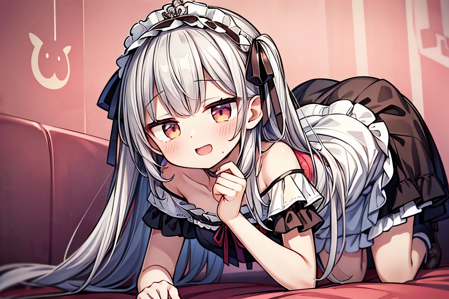 One girl, solo, Long Hair, Gray Hair, 超Gray Hair,ponytail, White cat ears, Maid clothes,Thin, fluffy tail,Odd Eye,The right and left eyes are different colors,Yellow right eye and blue left eye,smile,Spanning the top,Providing sexual services to the master,On the bed,乱れたMaid clothes,Spread your legs,Mating,sex,Pussy