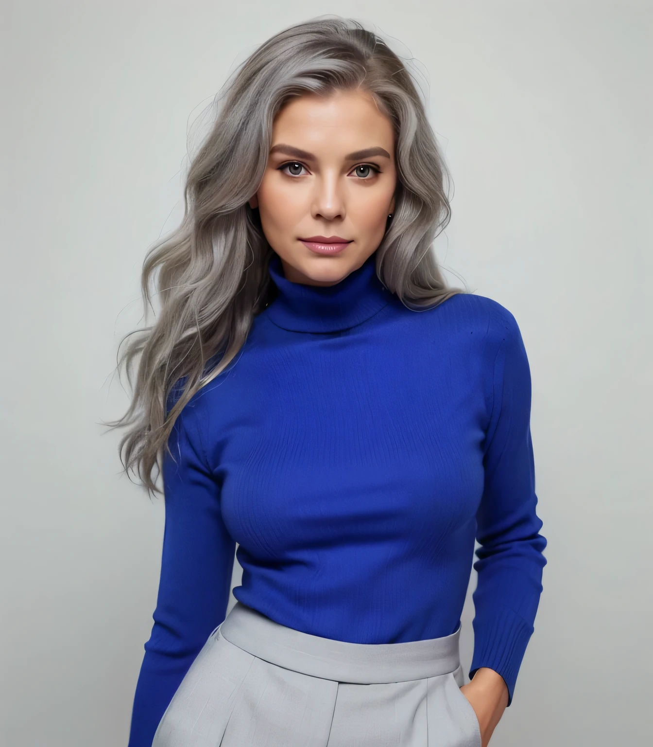 gorgeous female 60 year old caucasian woman, high level of depth of field photography, high definition, blue navy turtle neck sweater, blue navy elegant trousers, elegant outfit, cosmetic shoot model, silver grey wavy hair, flowing hair, silver grey cloudy hair, ultra photorealistic, hyperrealistic, realistic photo, 8mm