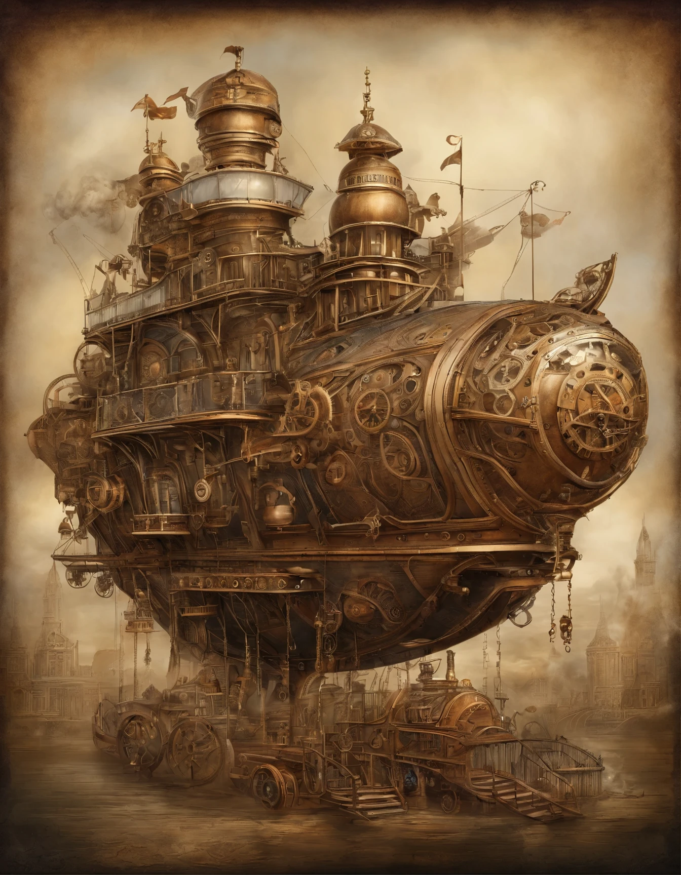 Create an intricate and fantastical steampunk airship, brimming with gears, steam, and adventure, masterpiece, 8k
