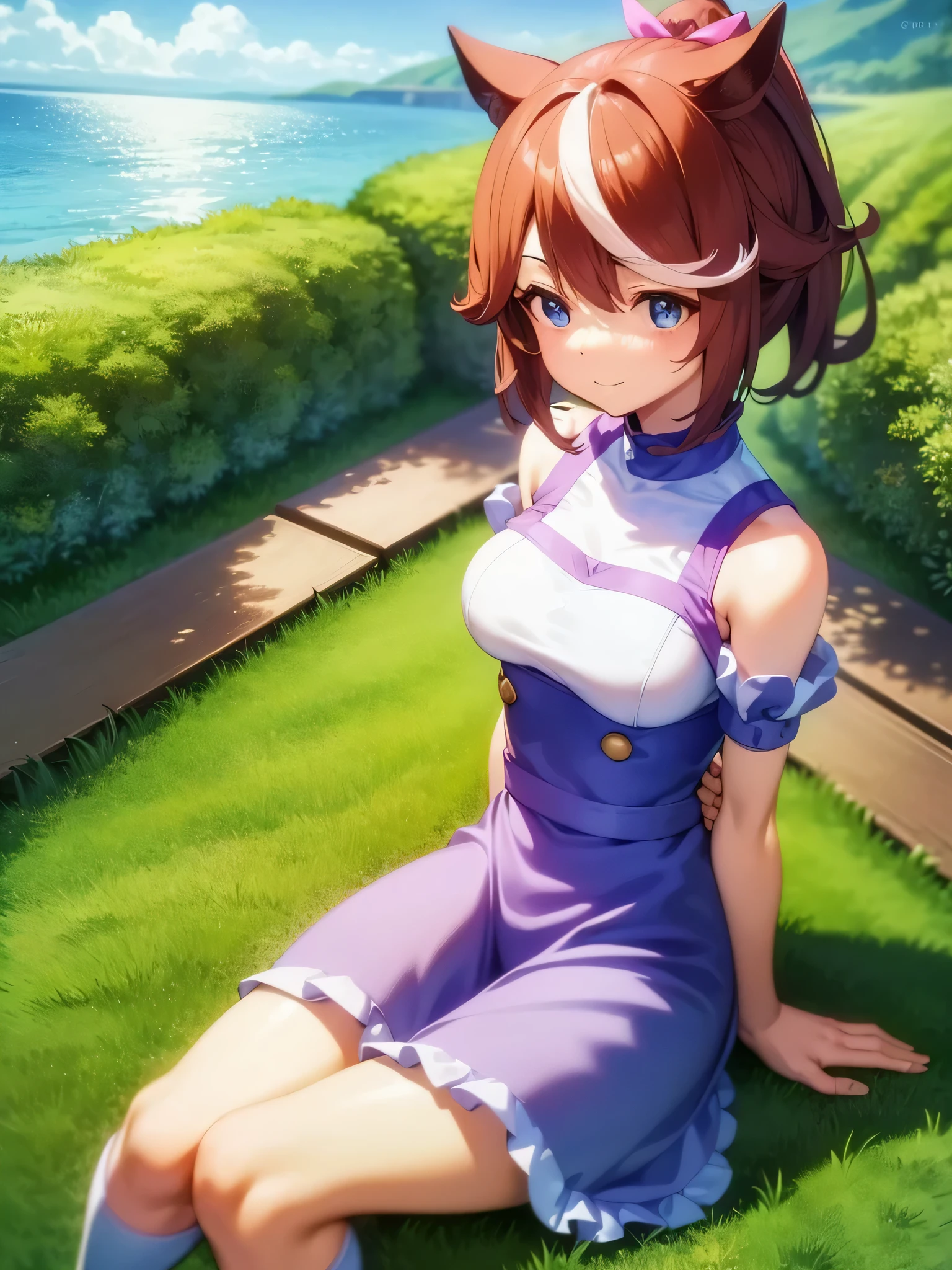 shortsleeves、bulging sleeves、top-quality、Full limbs、complete fingers、Slender beauty、straight haired、Brown hair、Deleste、Blue, White and purple idol costume、high socks、Beautiful Large Breasts、Live Stage、Singing、sitting on,tokai_teio_\(Uma Musume\) Tōkai Teiō,highest quality,table top, magical , Princess, adventurous girl, Are you okay, smile、zettai ryouiki,perfect hands,turn your arms behind your back、be quiet, From above,Lie,Sea View、The most spectacular seaside view in the world,;do not interrupt prompt。