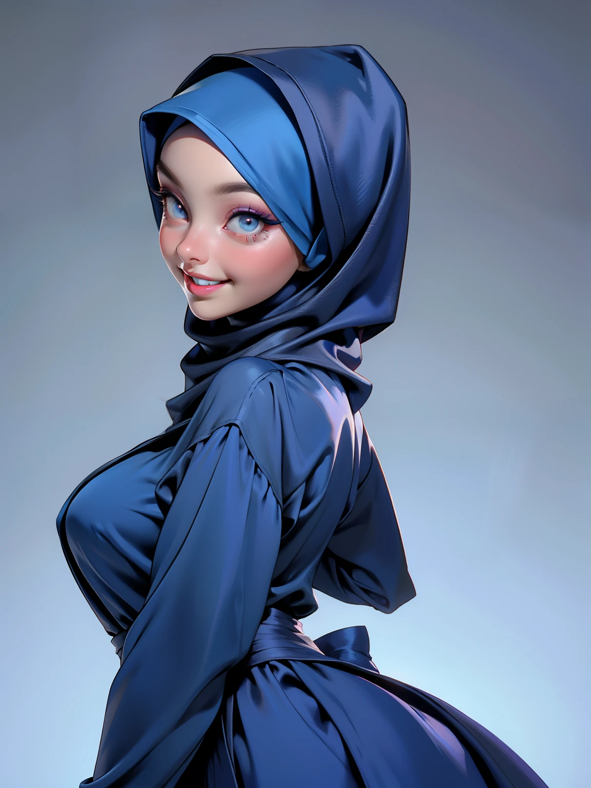 3dmm style, Masterpiece, realistic, best quality, best lighting, beautiful mature Czech woman, 1 girl photo solo, beautifully makeup, eyeshadow, Parted Lips, Detailed Eyes, beautiful big eyes, long eye lashes, dimples on the cheeks, smile, wearing ((Dark blue satin hijab)), loosely tide hijab style, ((gray satin shirt and satin long skirt)), ((front view)), (close up portrait), front view, standing straight, facing the viewer.