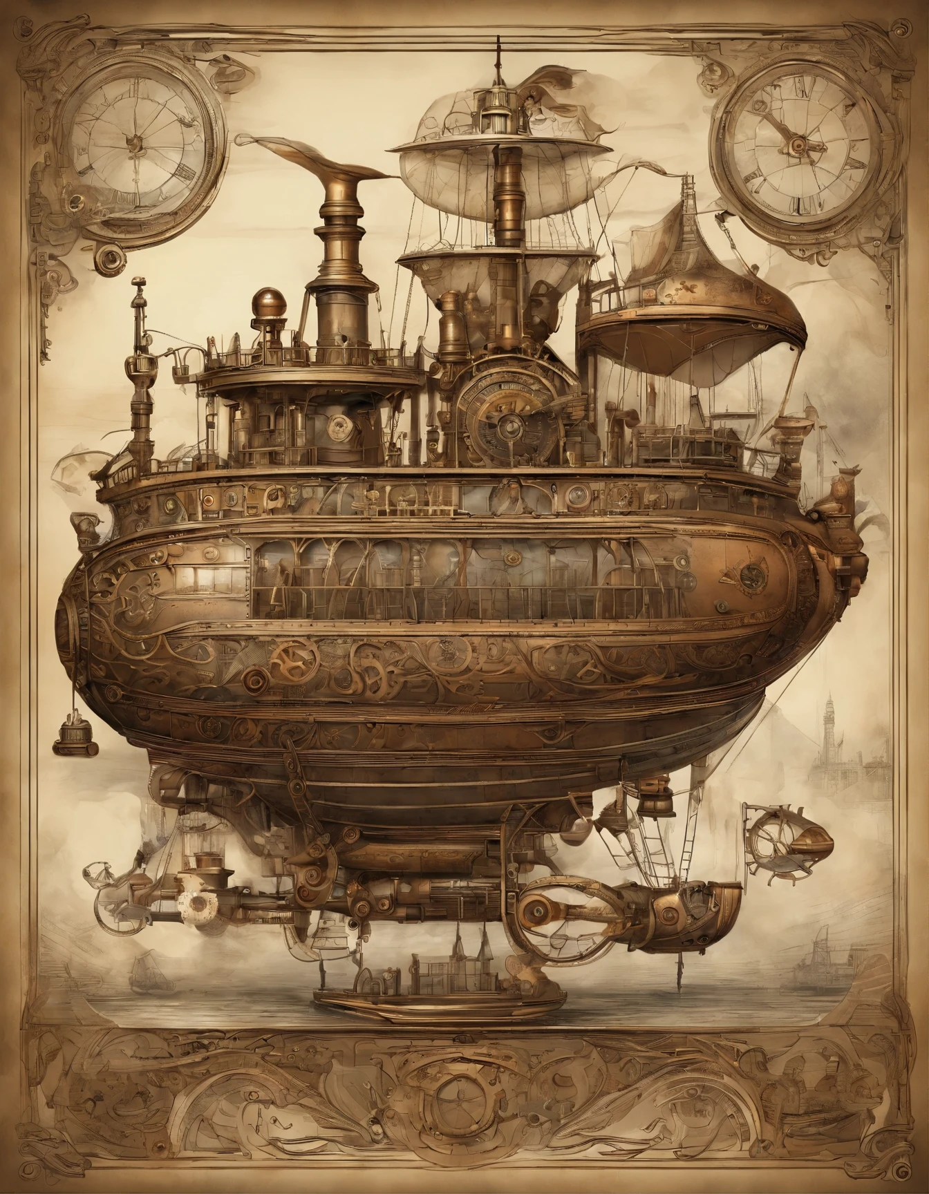Create an intricate and fantastical steampunk airship, brimming with gears, steam, and adventure, masterpiece, 8k