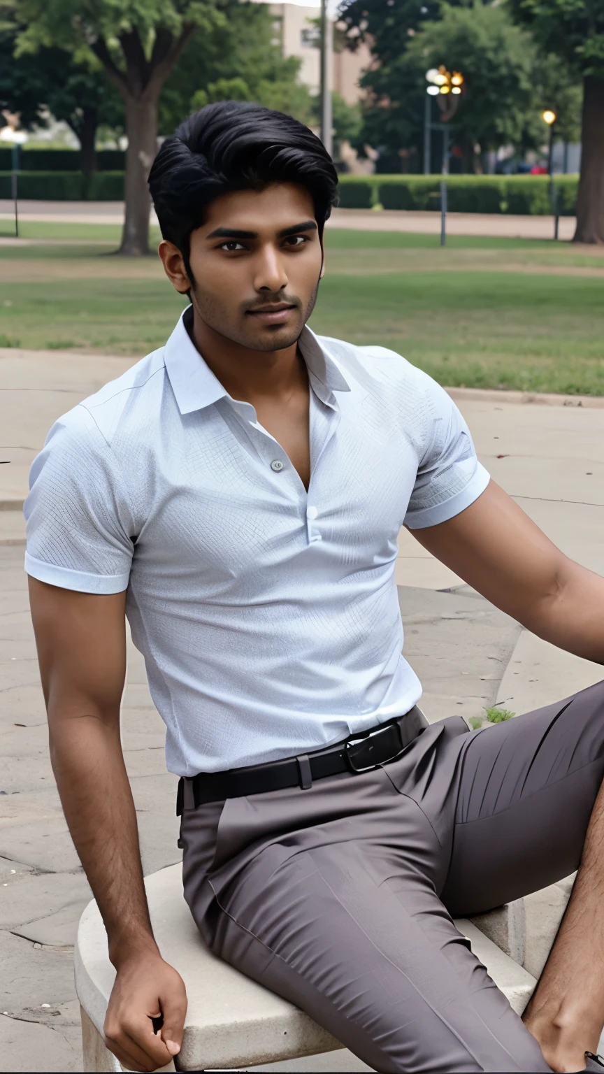 hot indian male model. age 28. sitting at park
