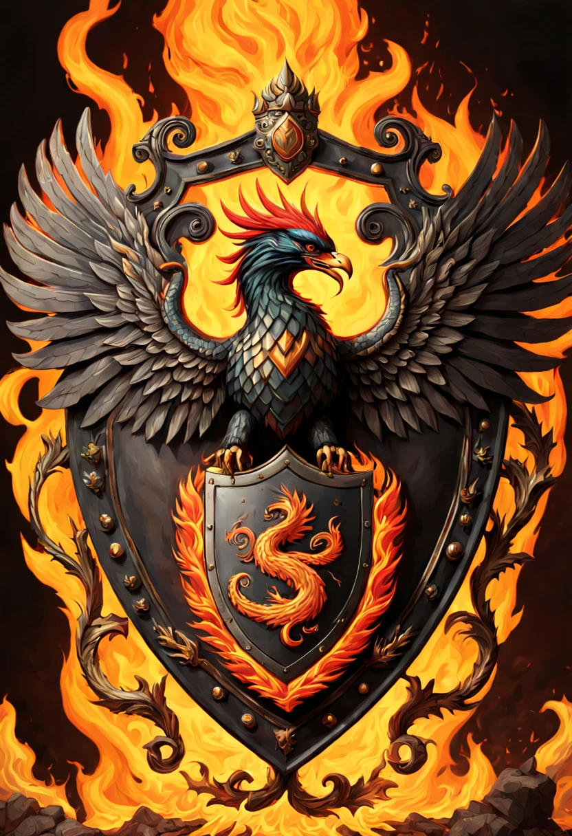 A battle shield with a coat of arms depicting a phoenix bird and fanged snake theme, set against a backdrop of fiery flames. The shield is highly intricate, showcasing exquisite details. The coat of arms is captivatingly beautiful, with a maximalist design that catches attention. The artwork is hyperdetailed, with every element meticulously crafted. This captivating piece is trending on Artstation, garnering praise for its masterful execution. The color palette is vibrant, with fiery hues dominating the scene. The lighting accentuates the dramatic atmosphere, casting dynamic shadows that further enhance the overall impact of the artwork.