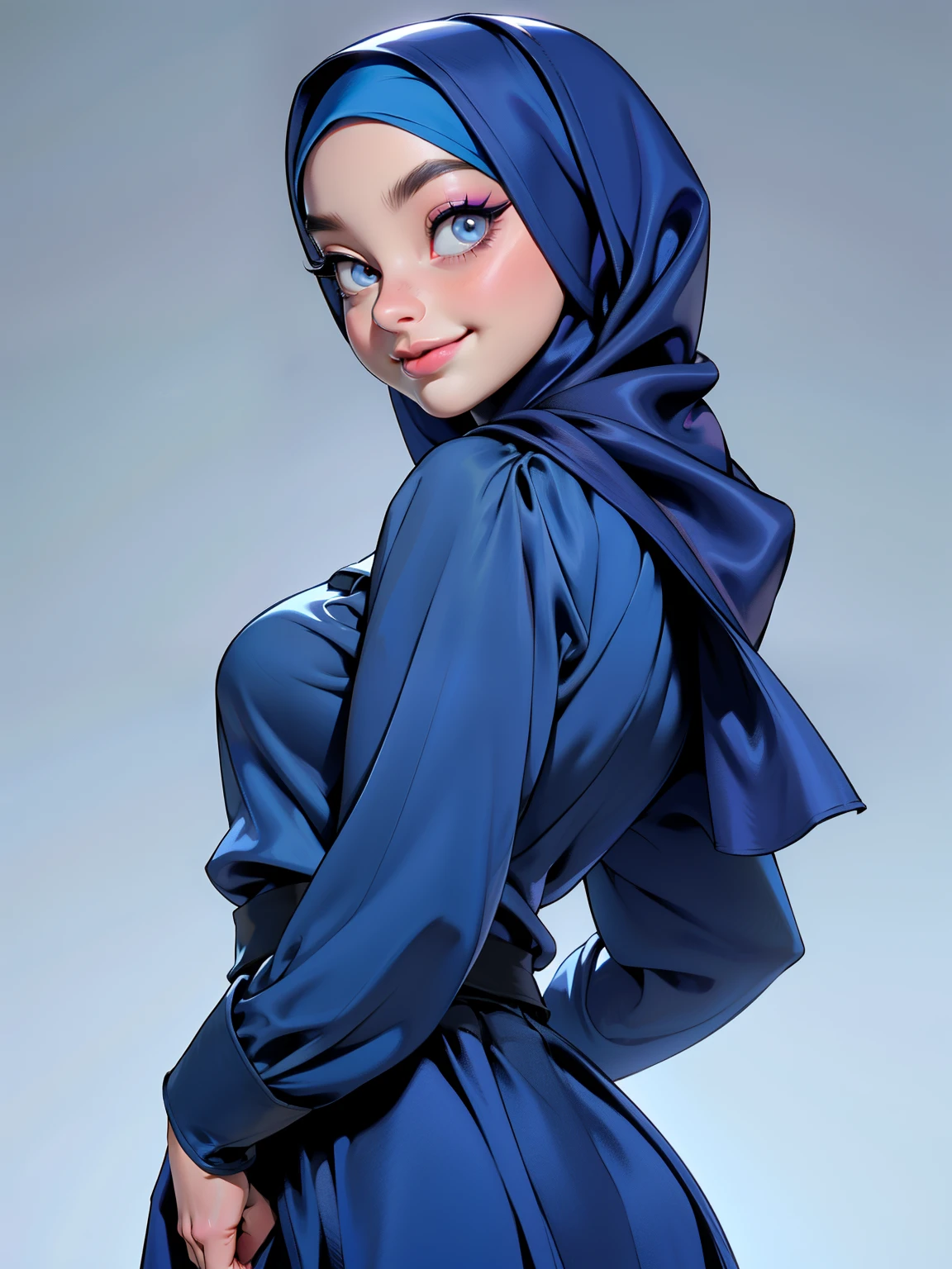 3dmm style, Masterpiece, realistic, best quality, best lighting, beautiful mature Czech woman, 1 girl photo solo, beautifully makeup, eyeshadow, Parted Lips, Detailed Eyes, beautiful big eyes, long eye lashes, dimples on the cheeks, smile, wearing ((Dark blue satin hijab)), loosely tide hijab style, ((gray satin shirt and satin long skirt)), ((front view)), (close up portrait), front view, standing straight, facing the viewer.