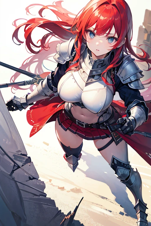 Masterpiece, Top Quality, Very Beautiful Girl, Beautiful Face and Eyes, Beautiful Hair, Solo, 1 Woman, Full Body Drawing, Dynamic Angle, (Armor: 2), Red Hair, Long Hair, Navel Out, Skirt, Battle Axe, Perfect Bust, Taut Breasts, Amazing Bust, (Huge Breasts: 1) Tall