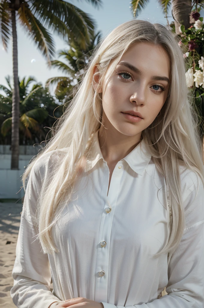 masterpiece, highest quality, (solo focus), (perfect face:1.1), (high detail:1.1), (hyper detailed eyes), dramatic, 1guy, (pale skin), long white hair, ethereal eyes, (light eyebrows), solo, long hair, JTiago Azevedo, moon, night, white luxury suit, pouty lips, fur, proud expression,beach, detailed background, art by artgerm, cinematic lighting, roses, fashion, BalenciagaStyle