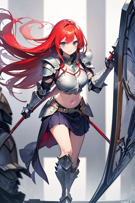 一位手持剑和盔甲的Girl的特写镜头, 红发Girl圣殿骑士, 铠甲Girl, Lady in red armor, Girl战士, Girl骑士, 一位非常美丽的Girl, of a beautiful Girl骑士, bikini armor Girl骑士, Phantom Warrior, She holds a sword,HD,Ultra-clear,Japanese painting style,cartoon,Japanese games,Red Cape,Red sword,Shield,Full body portrait,Girl,slim,thin,Petite,Six-headed body,150cm height,Thinner waist,Thinner thighs