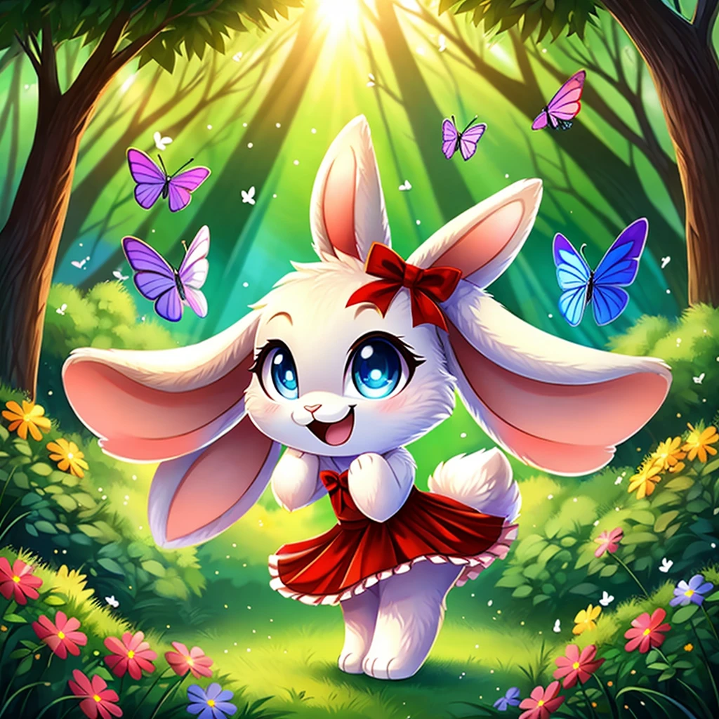 zoomed out image, ((solo character)), cute style art, fantasy style art, cute, adorable, short character, small, tiny little fluffy female white bunny with blue eyes, 4 ears, 2 extra ears, big floppy ears, long ears, ears perked up, raised ears, long eyelashes, poofy rabbit tail, wearing a red frilly ribbon dress, smiling, standing in a colorful fantasy forest, soft tones, big expressive smile, open mouth, wide eyes, excited eyes, excited face, stunning visuals, sunlight coming through the trees, flowers scattered in the bushes, butterflies in the air, digital illustration