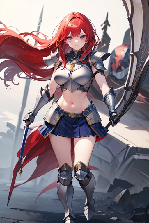 Masterpiece, Top Quality, Very Beautiful Girl, Beautiful Face and Eyes, Beautiful Hair, Solo, 1 Woman, Full Body Drawing, Dynamic Angle, (Armor: 2), Red Hair, Long Hair, Navel Out, Skirt, Battle Axe, Perfect Bust, Taut Breasts, Amazing Bust, (Huge Breasts: 1) Tall