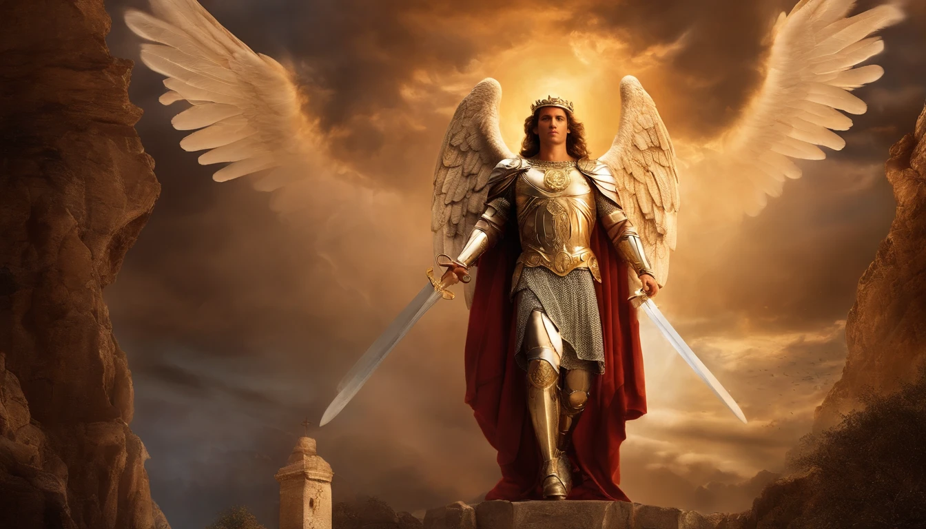 um personagem masculino, o arcanjo Miguel, imagem celestial, detalhes intricados, realista, asas ROSAS e grandes, fundo angelical, Catholic illustrative image of the archangel Michael, Male character of the Bible, Michael is wearing his angelic armor, cosmic background, Illumination in the Archangel and in the background, imagem do corpo todo do anjo, Maximum detail and his angelic face and wings, pele perfeita realista, Maximum image quality, Miguel ele esta destacado na imagem com cores fortes e chamativas.