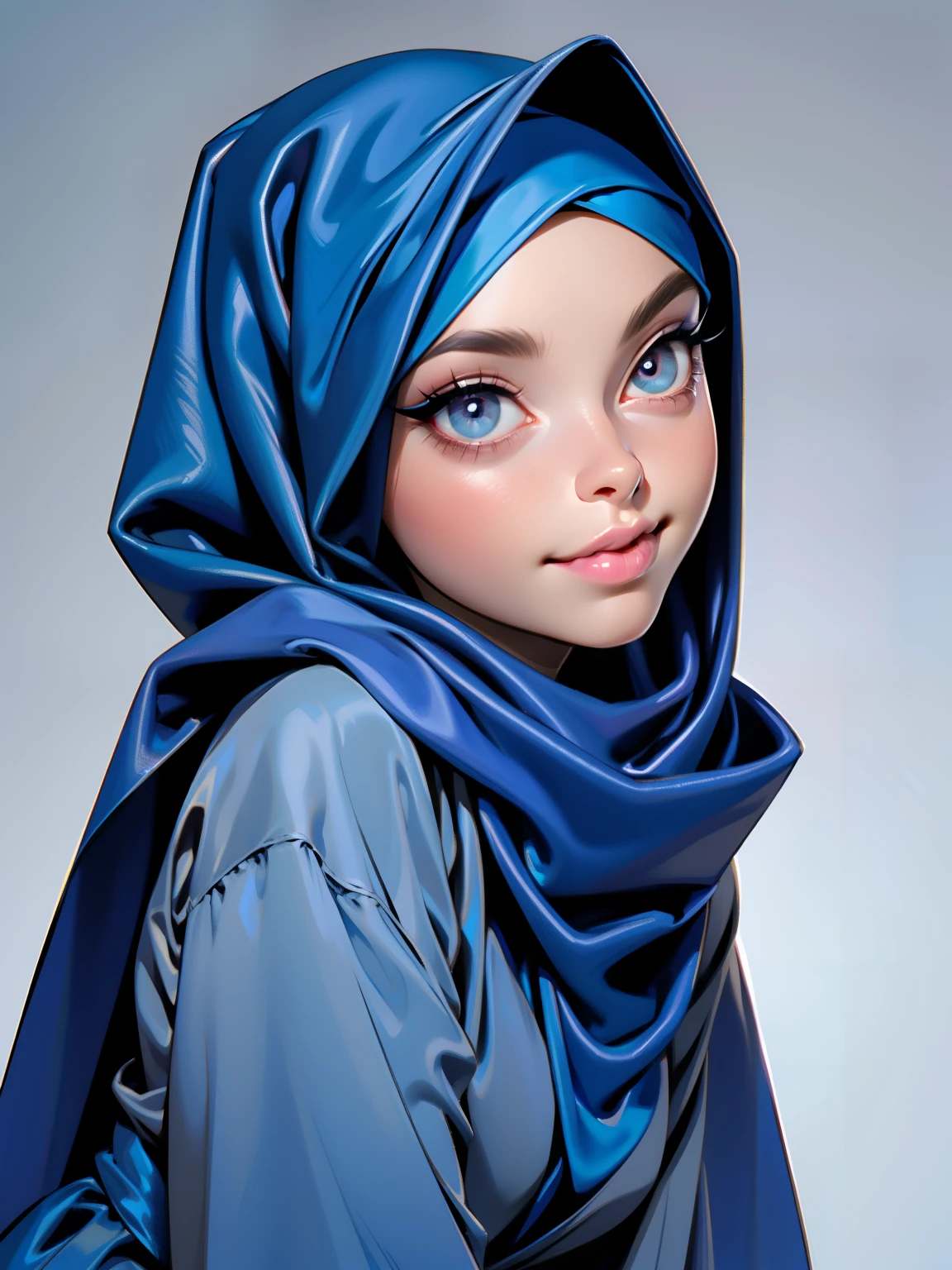 3dmm style, Masterpiece, realistic, best quality, best lighting, beautiful mature Czech woman, 1 girl photo solo, beautifully makeup, eyeshadow, Parted Lips, Detailed Eyes, beautiful big eyes, long eye lashes, dimples on the cheeks, smile, wearing ((Dark blue satin hijab)), loosely tide hijab style, ((gray satin shirt and satin long skirt)), ((front view)), (close up portrait), front view, standing straight, facing the viewer.