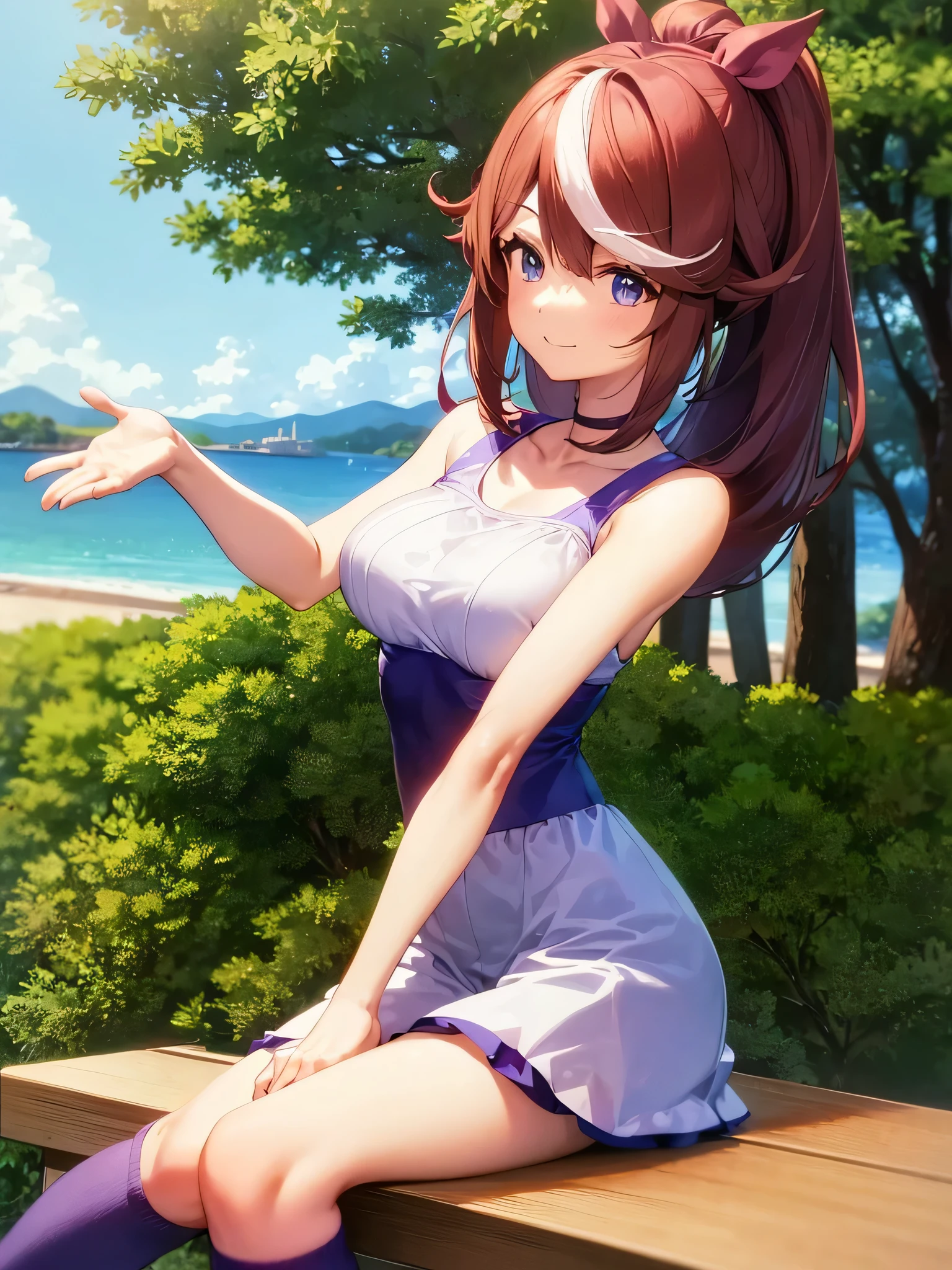 top-quality、Full limbs、complete fingers、Slender beauty、straight haired、Brown hair、Deleste、Blue, White and purple idol costume、high socks、Beautiful Large Breasts、Live Stage、Singing、sitting on,tokai_teio_\(Uma Musume\) Tōkai Teiō,highest quality,table top, magical , Princess, adventurous girl, Are you okay, smile、zettai ryouiki,perfect hands,turn your arms behind your back、be quiet, From above,yoga pose、The most spectacular seaside view in the world,;do not interrupt prompt。