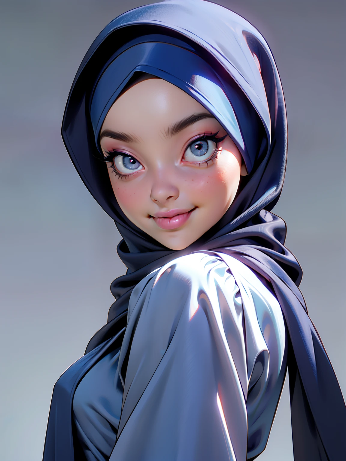 3dmm style, Masterpiece, realistic, best quality, best lighting, beautiful mature Czech woman, 1 girl photo solo, beautifully makeup, eyeshadow, Parted Lips, Detailed Eyes, beautiful big eyes, long eye lashes, dimples on the cheeks, smile, wearing ((Dark blue satin hijab)), loosely tide hijab style, ((gray satin shirt and satin long skirt)), ((front view)), (close up portrait), front view, standing straight, facing the viewer.