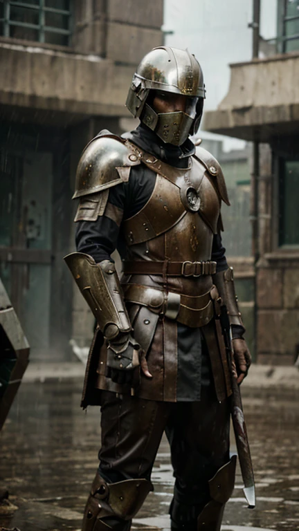 Epic futuristic soldier, holding two swords, ornate armour, standing on battlefield, heavy rain, masked, wears a Spartan helmet, bloody