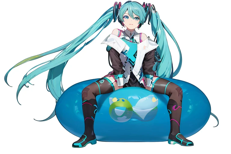 a close up of a person sitting on a ball with a blue hair, hatsune miku, miku, vocaloid, mikudayo, hatsune miku short hair, portrait of hatsune miku, a happy meal toy of hatsune miku, hatsune miku portrait, hatsune miku cosplay, hatsune miku face, holo, anime girl with teal hair, hq artwork